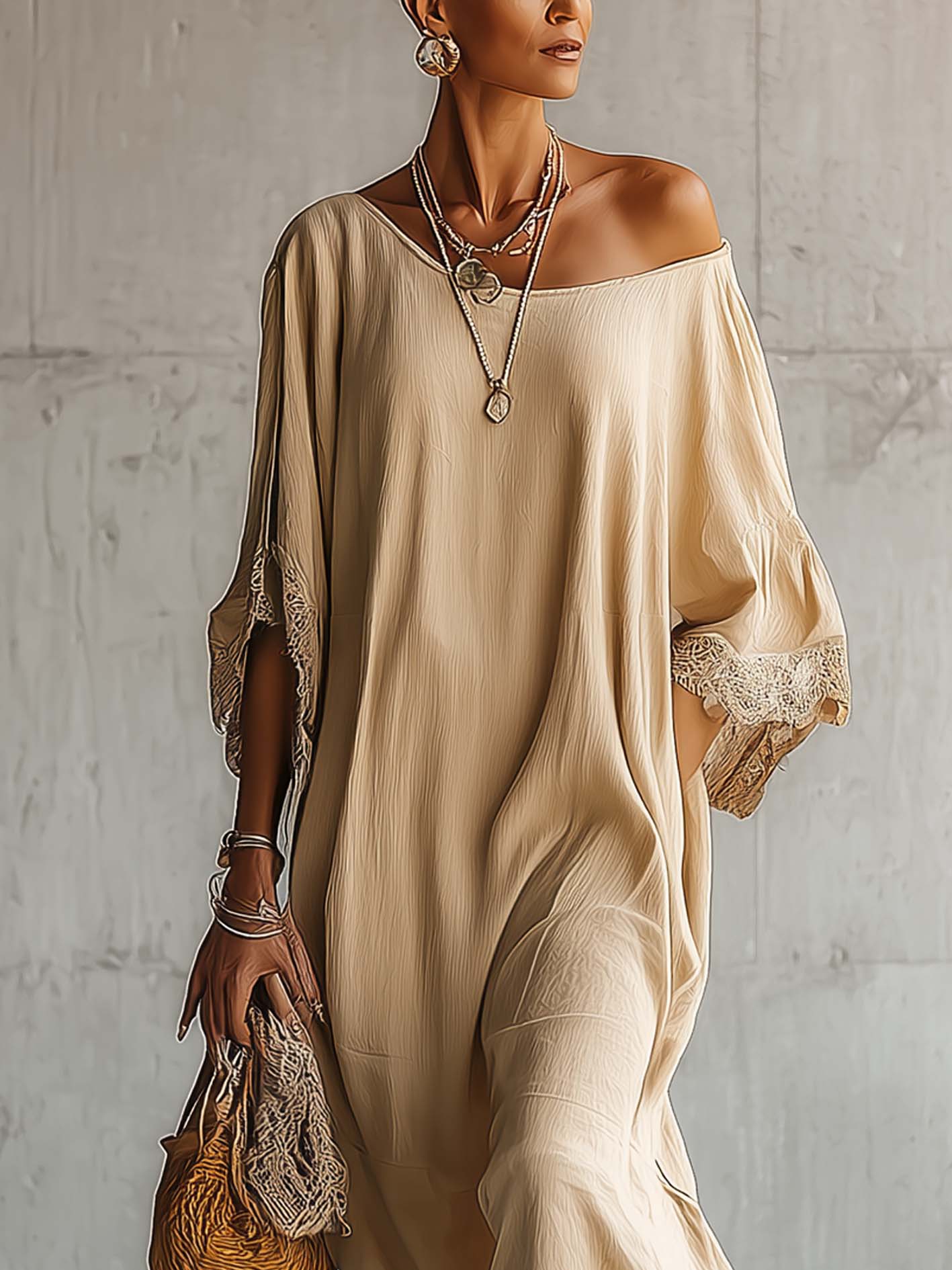 Beige One Shoulder Cotton Linen Maxi Dress With Lace Trim