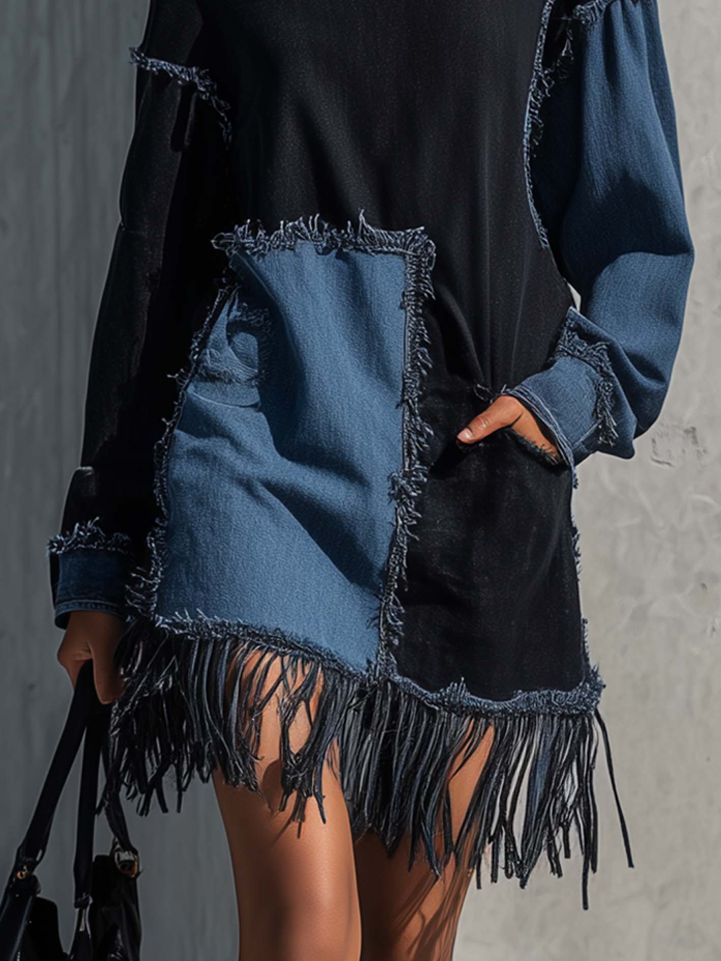 Black And Blue Patchwork Fringe Hem Denim Mini Dress