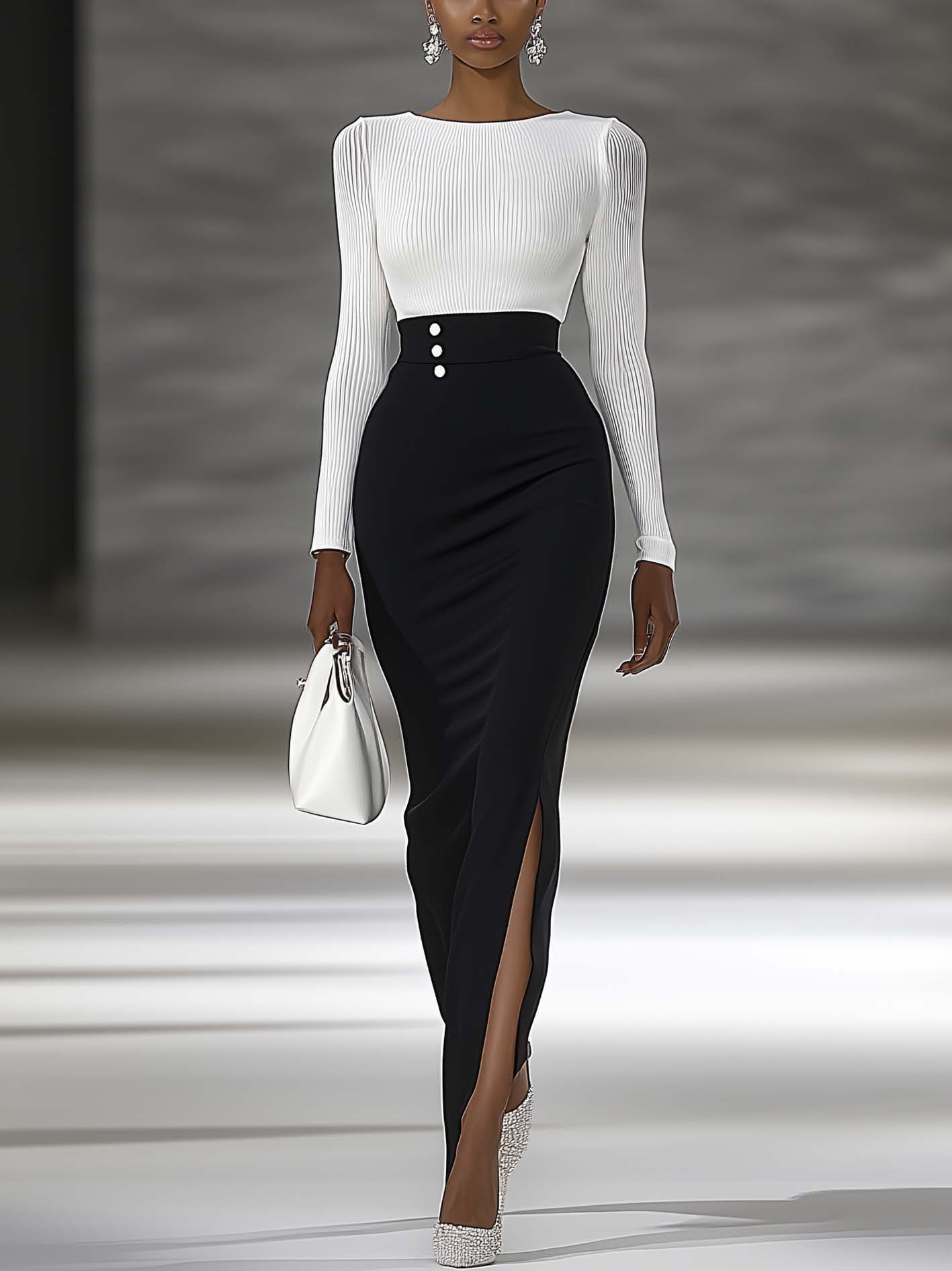 Pleated White Chiffon With Black High Waist Maxi Bodycon Dress