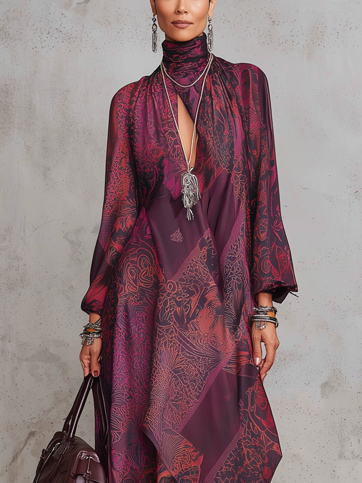 Burgundy Printed Draped Maxi Dress With High Neck And Asymmetric Hem