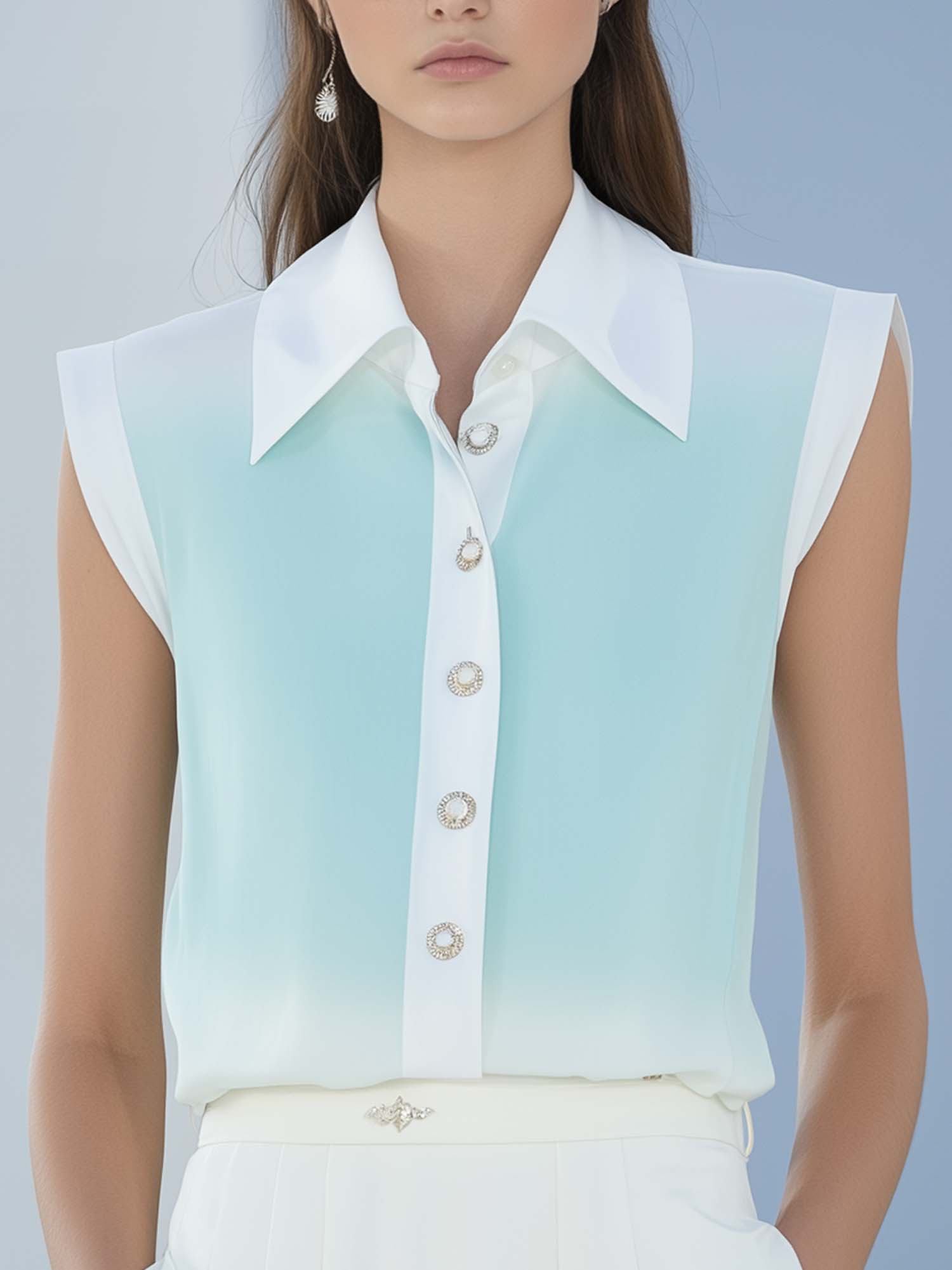 Fashionable Gradient Mint Green Sleeveless Blouse With White Trim