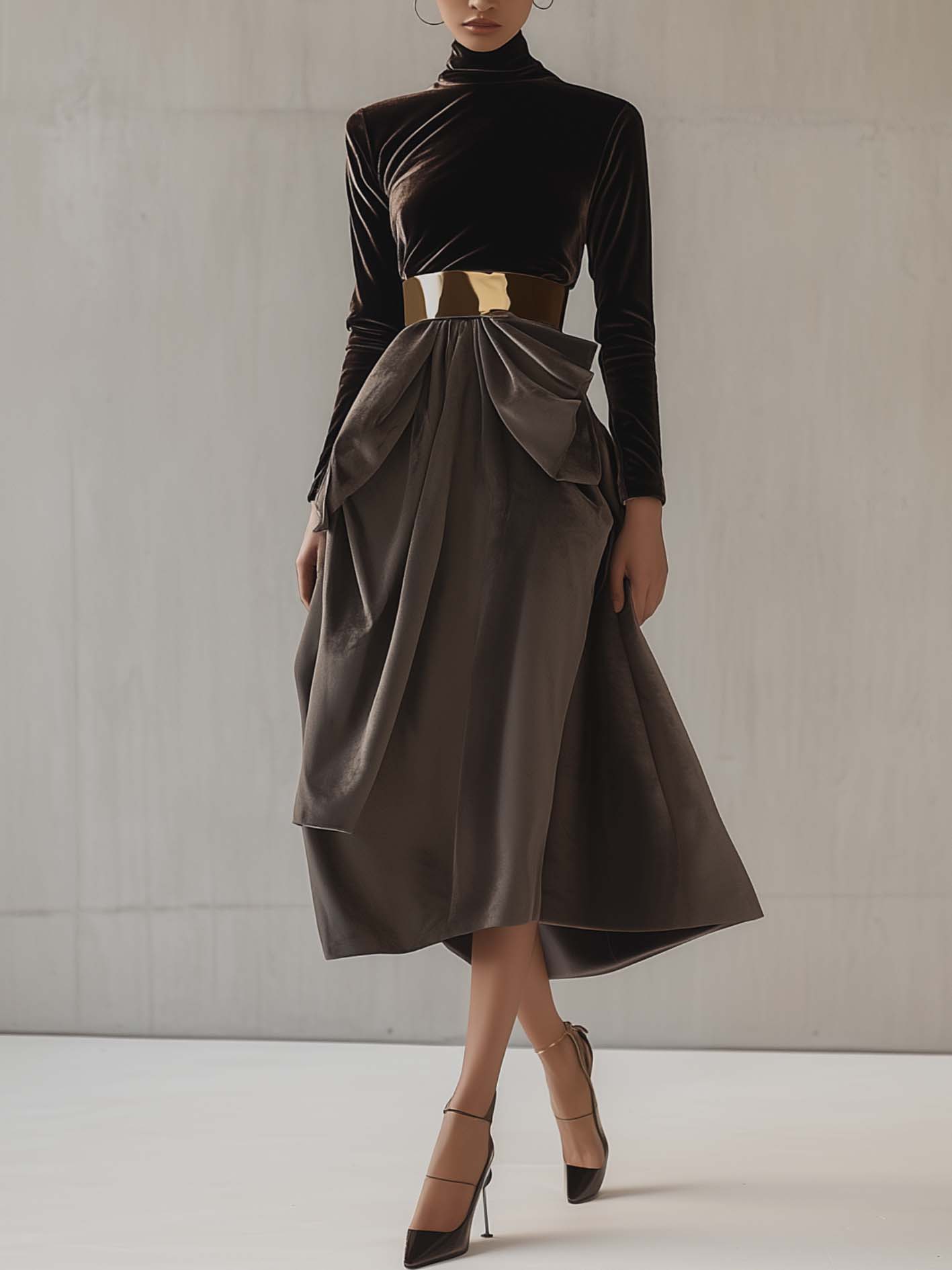 Brown And Gray Velvet Midi Dress With A Gold Fashion Belt