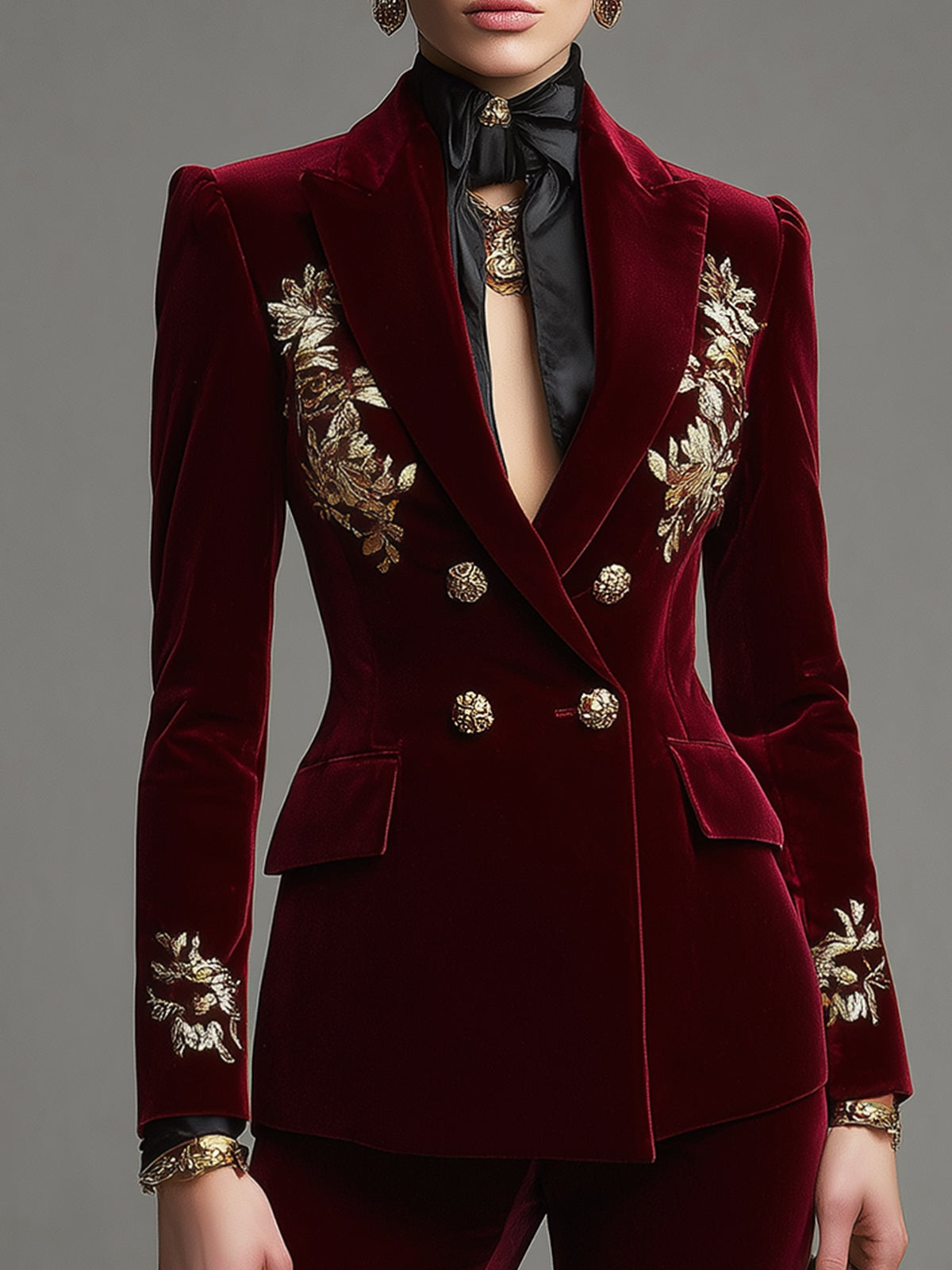 Deep Red Velvet Print Double Breasted Blazer