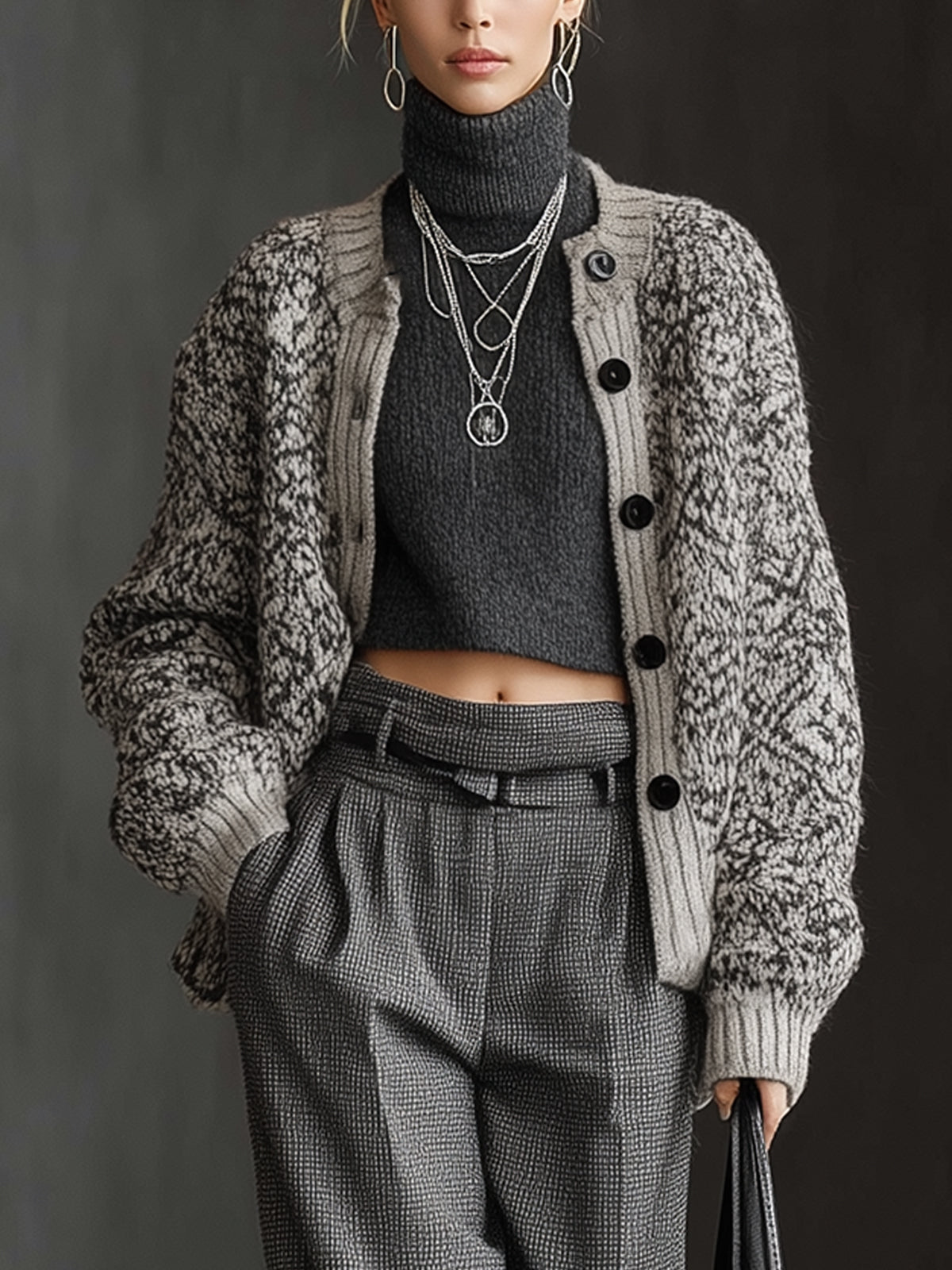 Gray Two Tone Textured Knit Button Down Cardigan