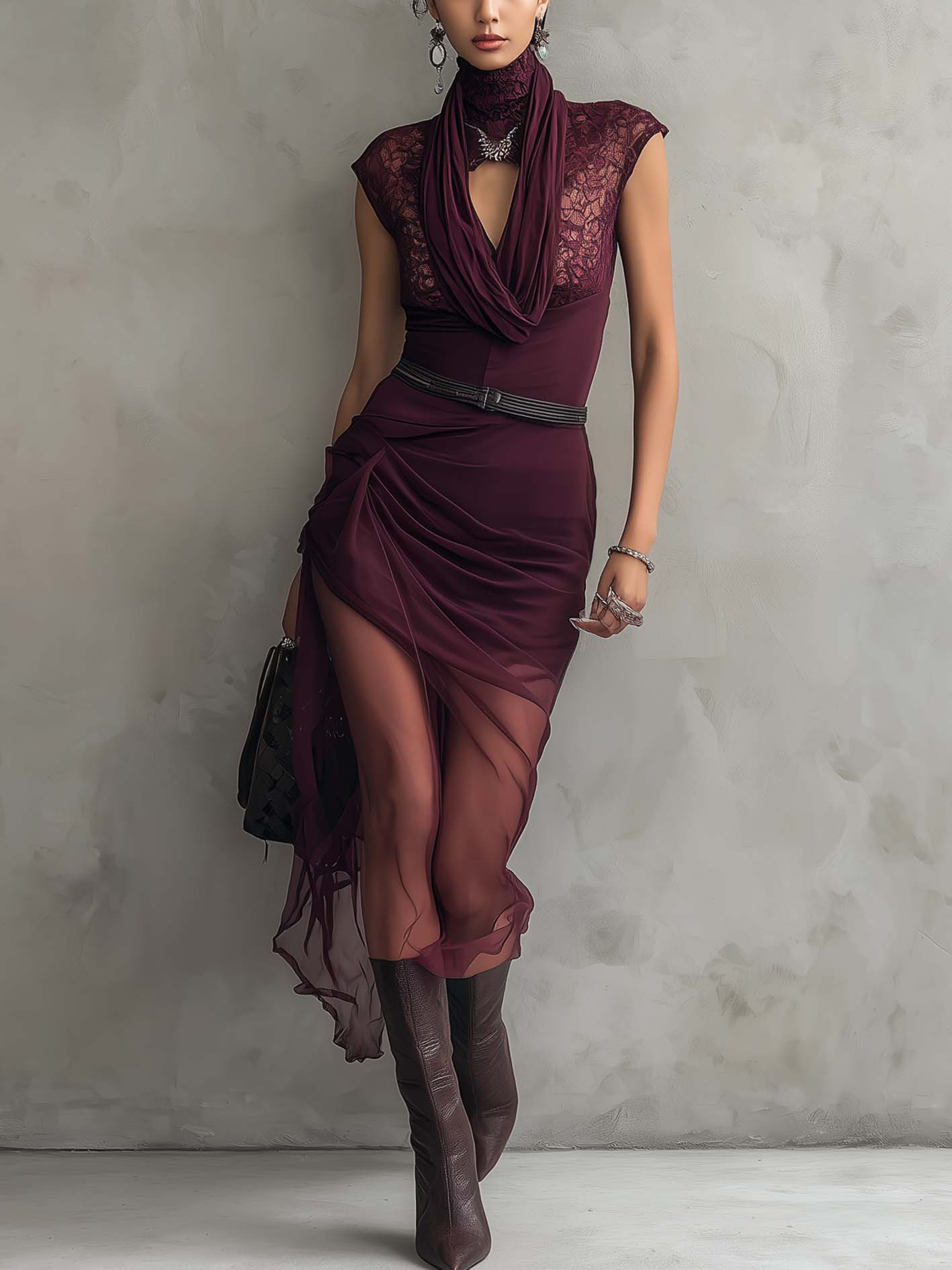 Burgundy Lace Neck Chiffon Panel Bodycon Dress