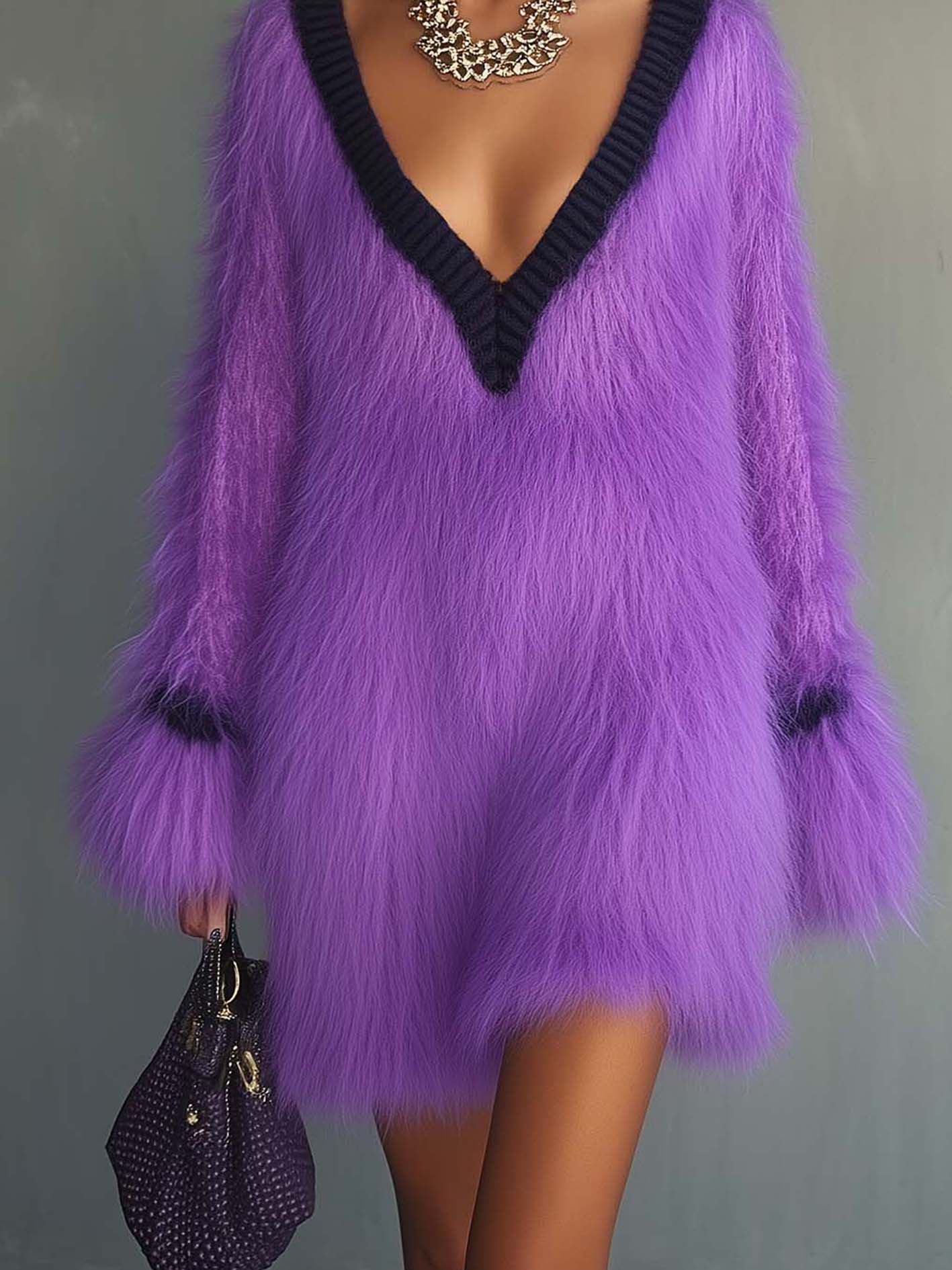 Fuzzy Purple Knit Mini Dress With Black Trim