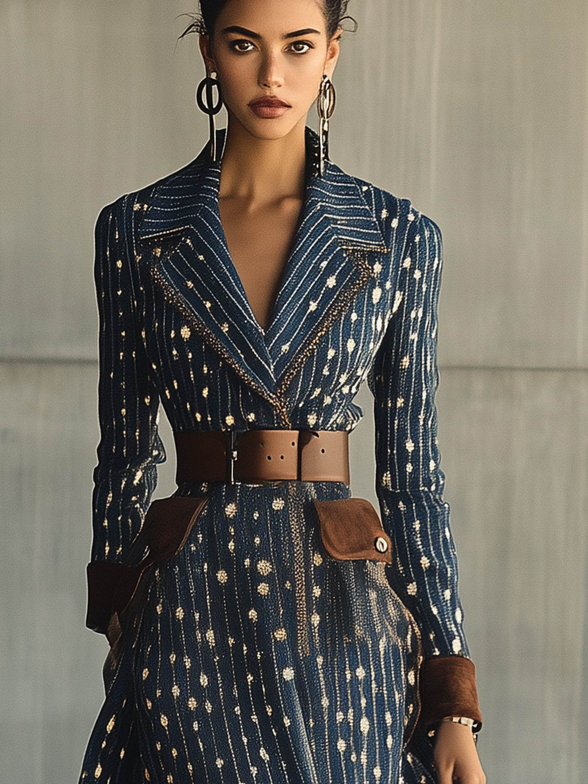 Blue Chic Pinstripe Lapel Midi Dress