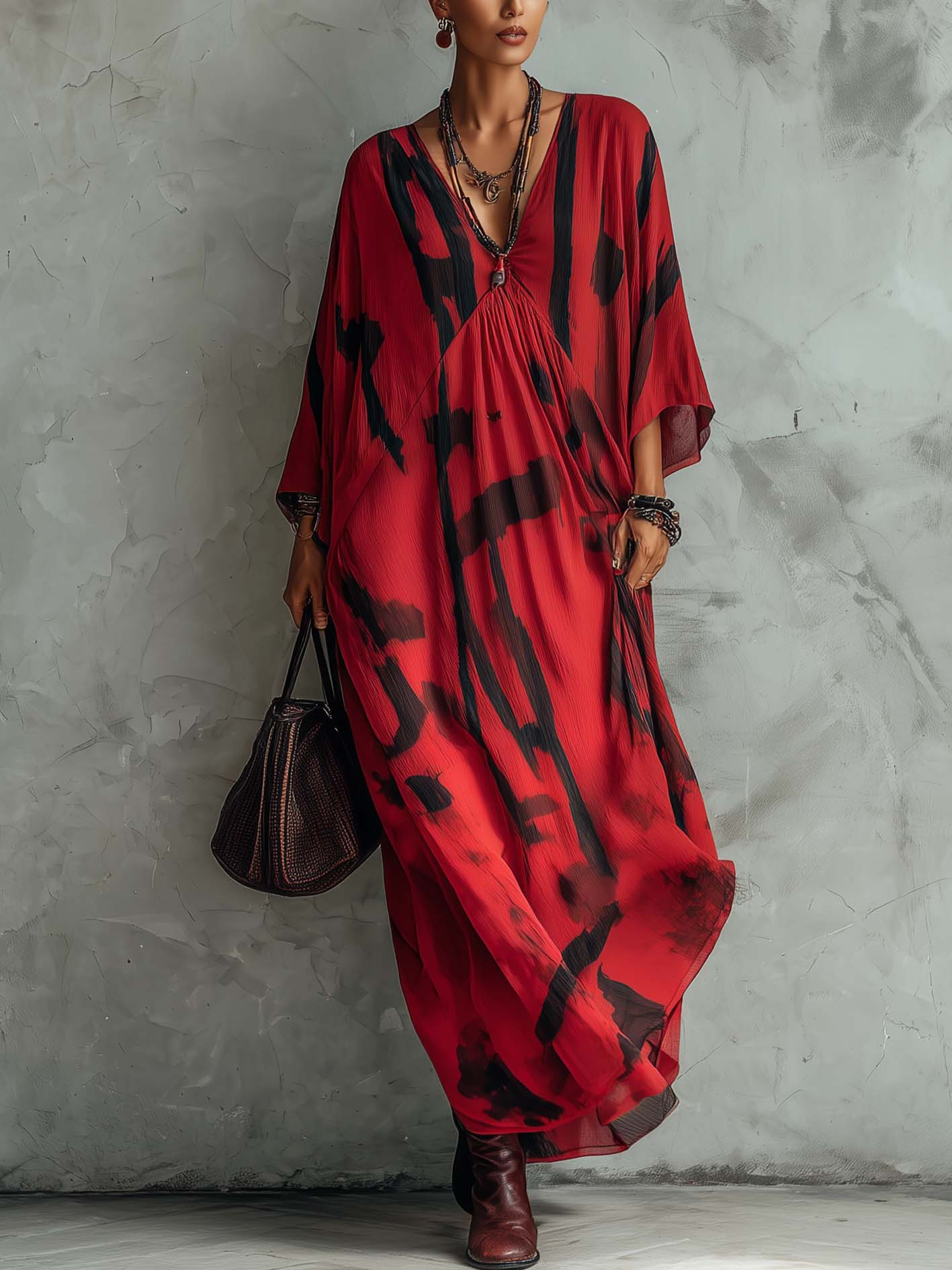 Red Abstract Black Tie-Dye Chiffon Maxi Dress