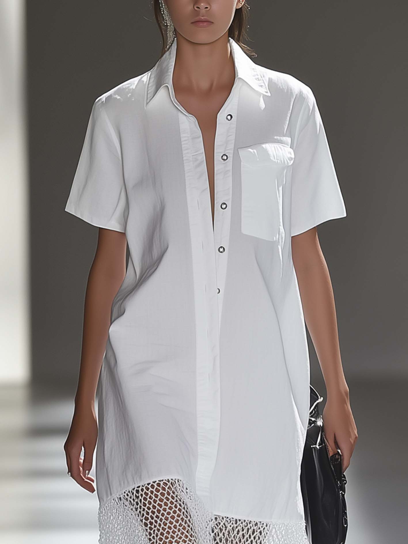 White Midi Shirt Dress With Mesh Stitching