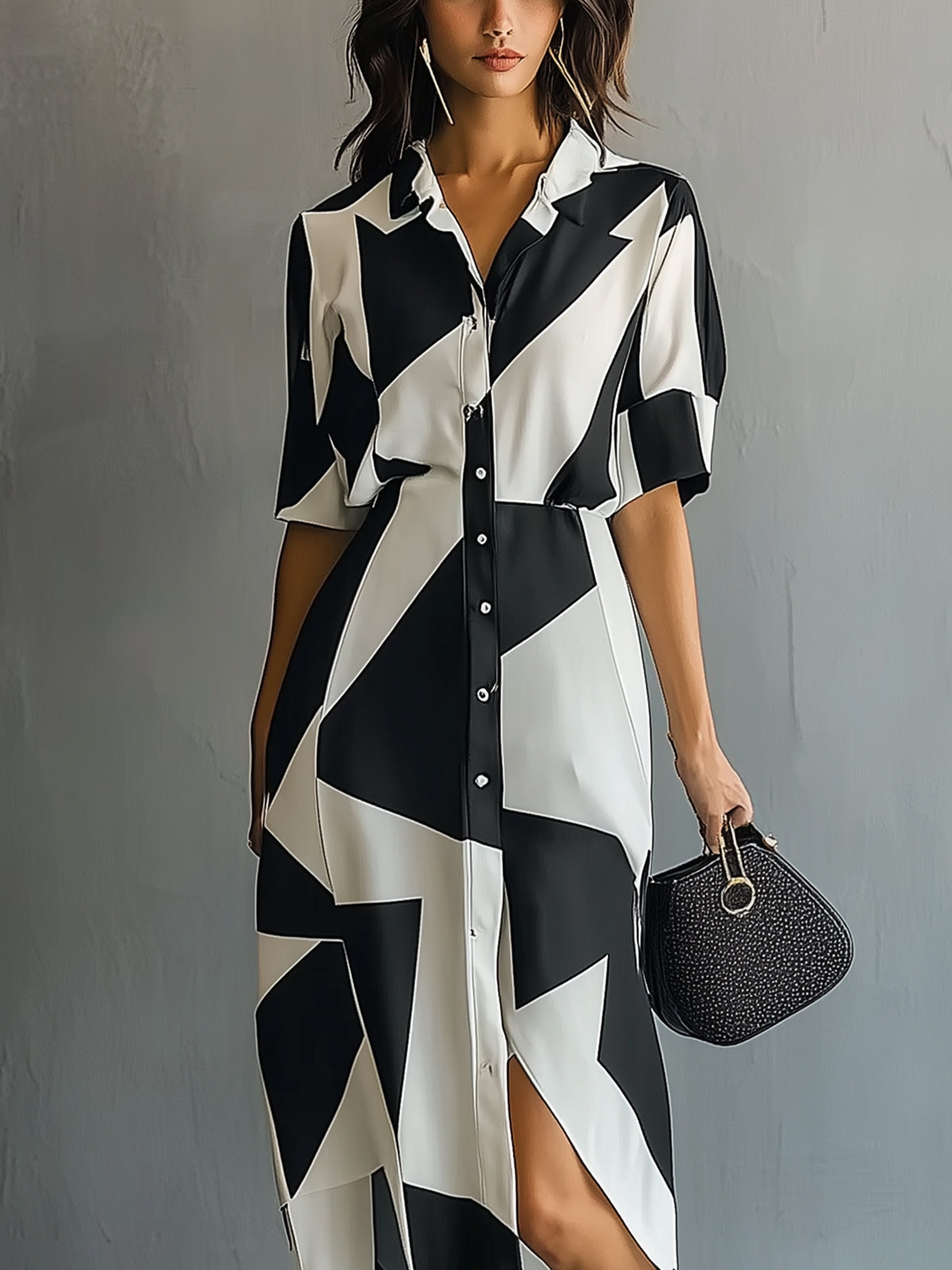 Black And White Geometric Print Shirt Dress