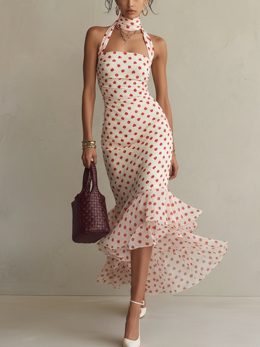 Cream Polka Dot Halter Fishtail Sleeveless Maxi Dress