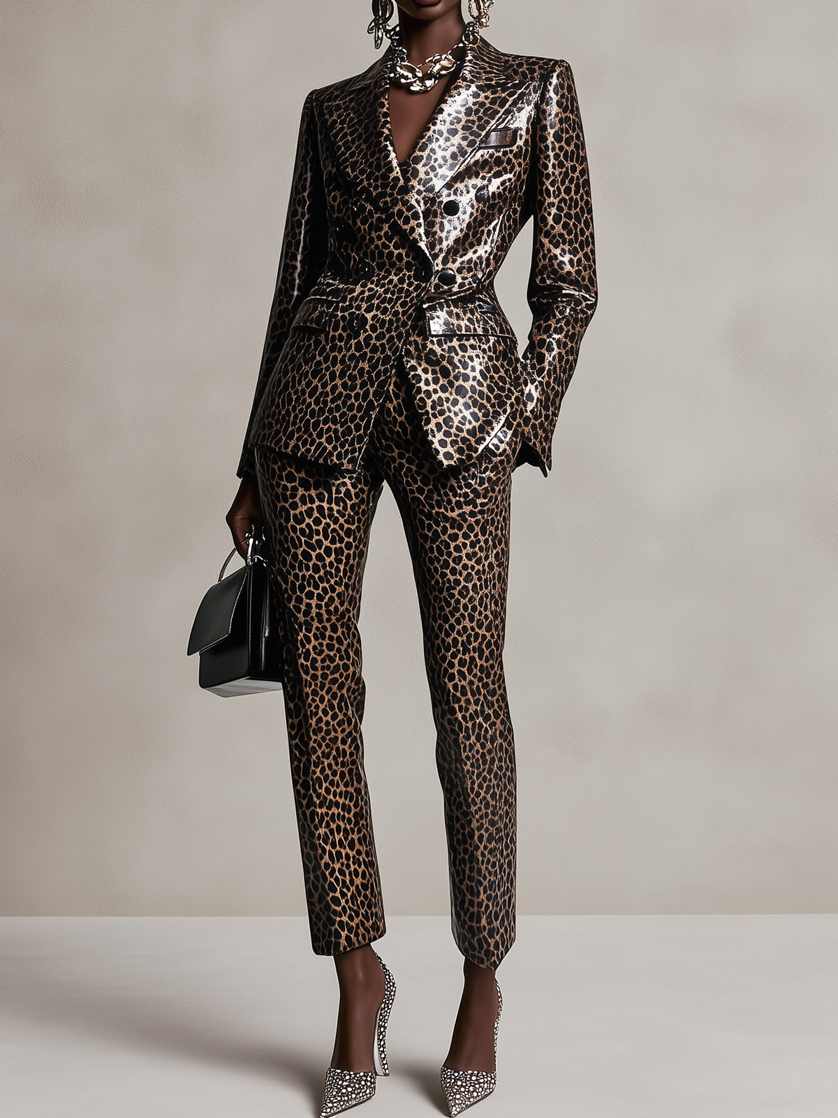 Brown Leopard Patent Double Breasted Blazer Suit