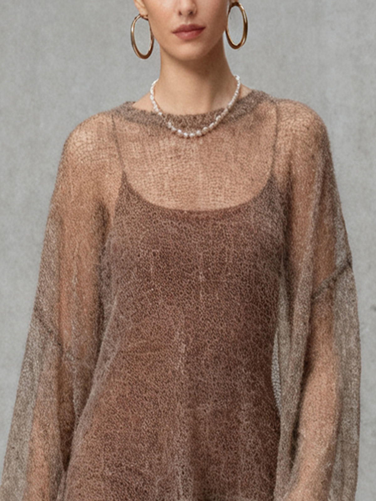 Sheer Knit Oversized Sweater With Brown Dress Set