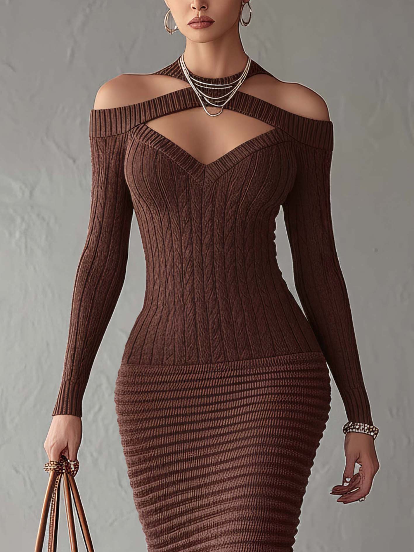 Brown Hollow Out Textured Knit Bodycon Maxi Dress