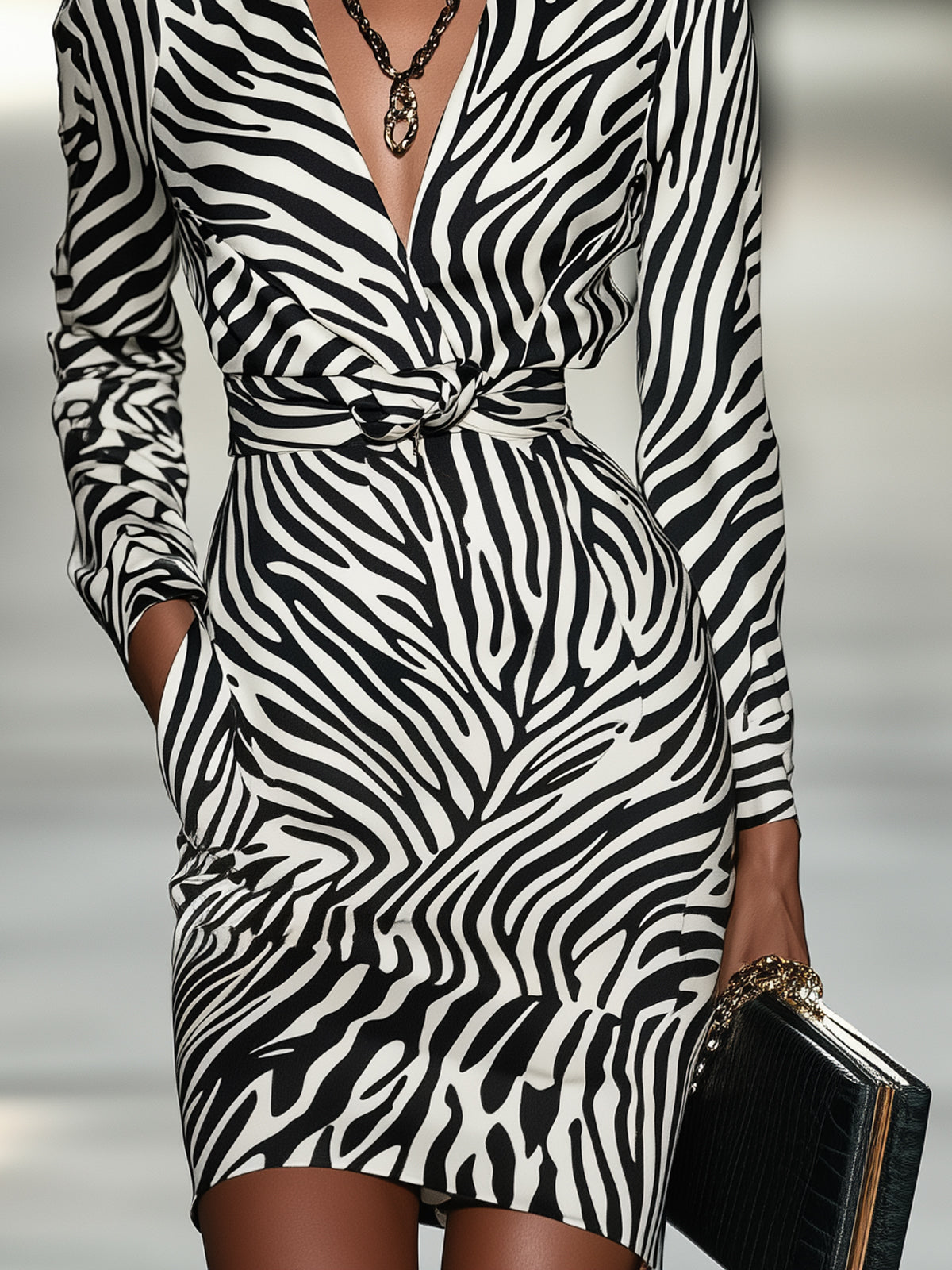 Black And White Zebra Print Satin Belted Deep V-Neck Long Sleeve Mini Dress