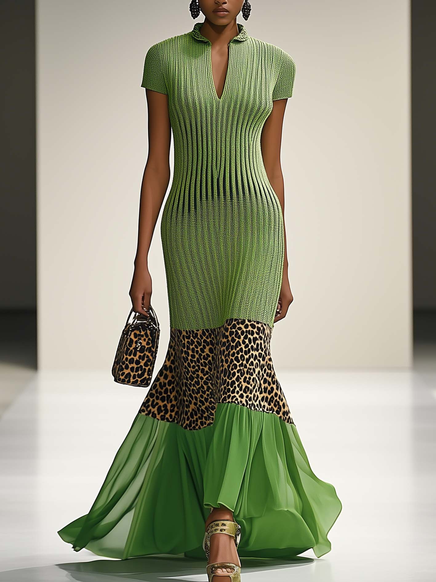 Green Knitted Maxi Dress With Leopard Print Chiffon