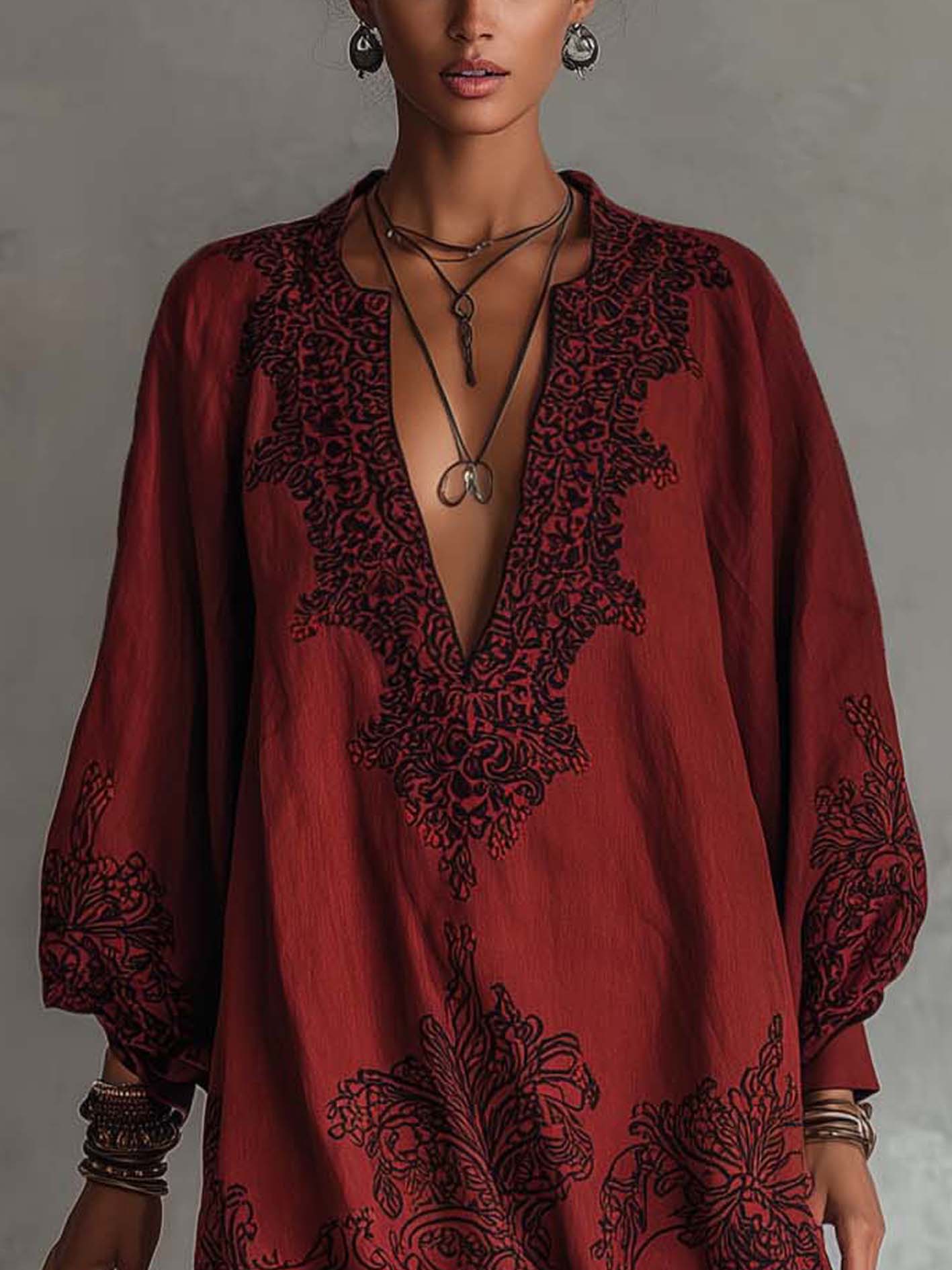 Burgundy Cotton Linen Embroidered Mini Dress