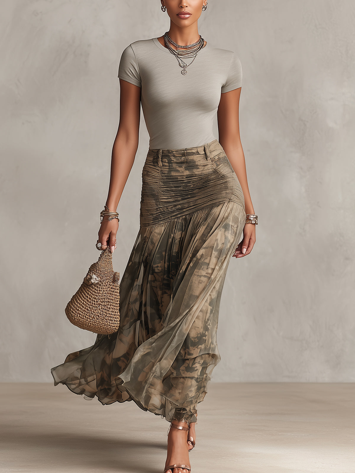 Gray T-shirt And Olive Tie-Dye Mesh Ruched Maxi Skirt