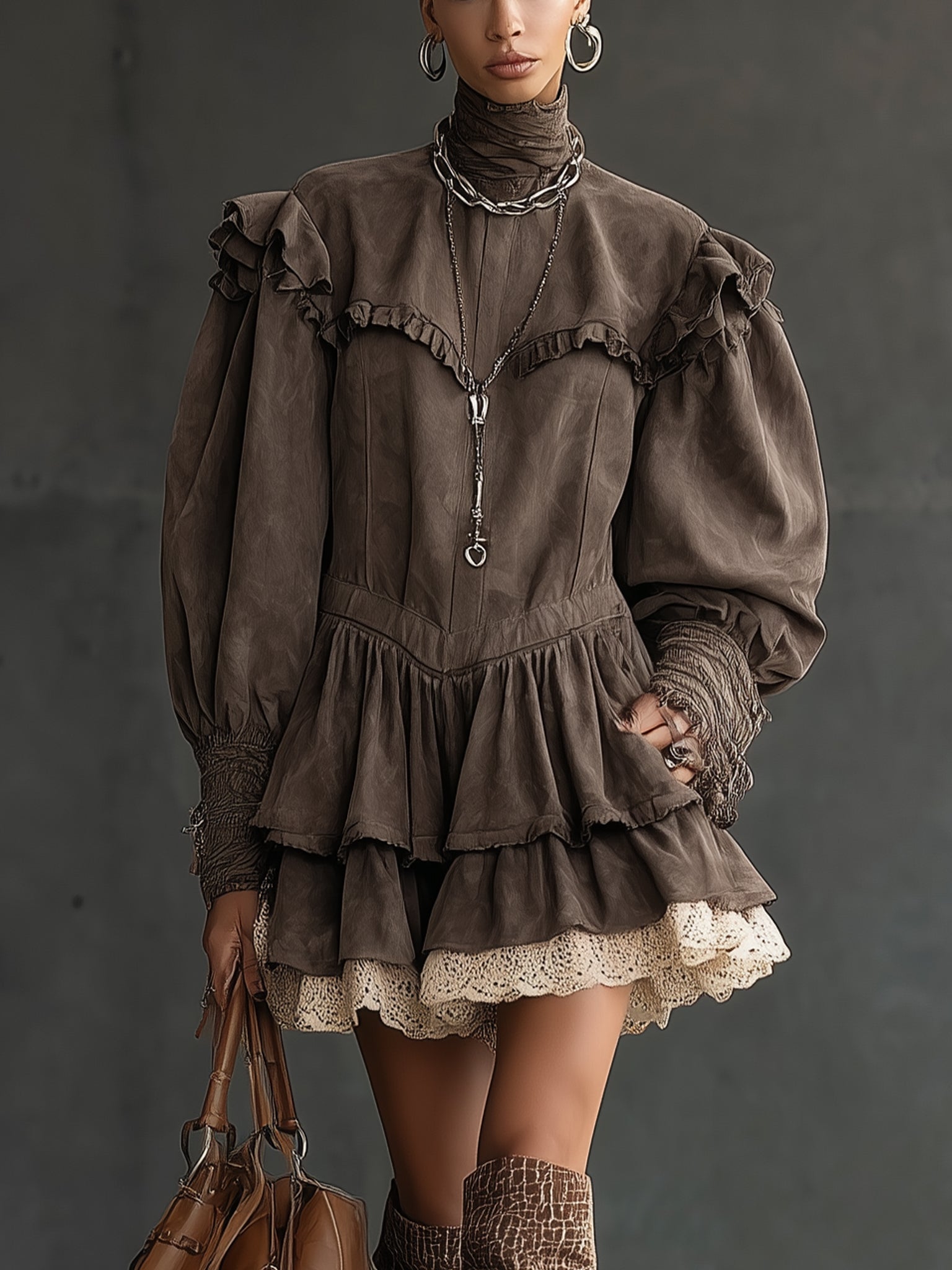 Vintage Brown Suede Ruffled Lace Hem Long Sleeve Mini Dress