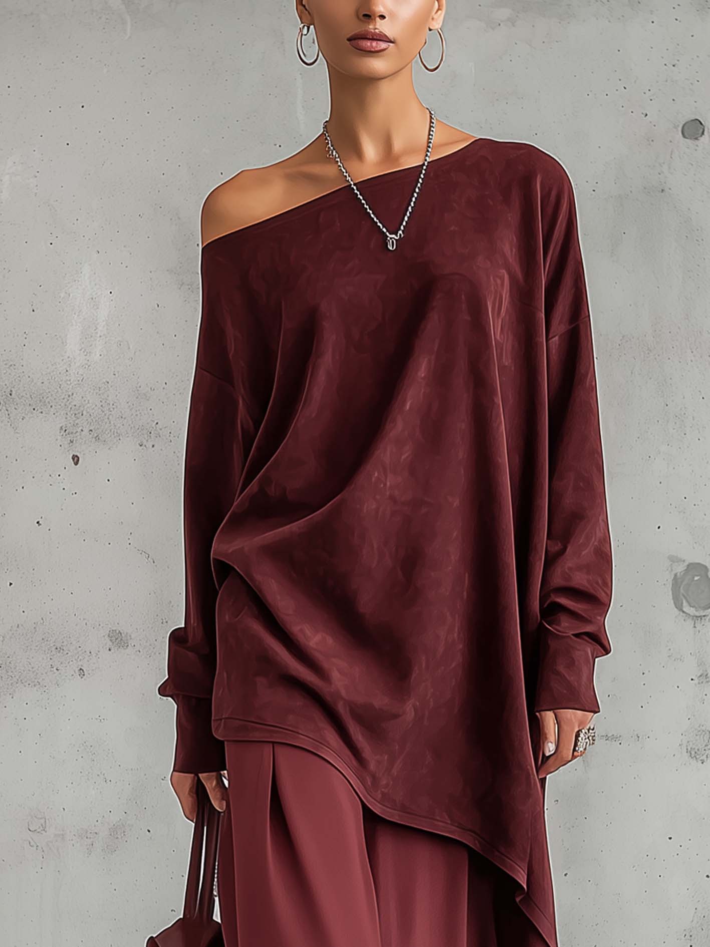 Burgundy Faux Suede One Shoulder Maxi Dress With Asymmetric Hem And Layered Design