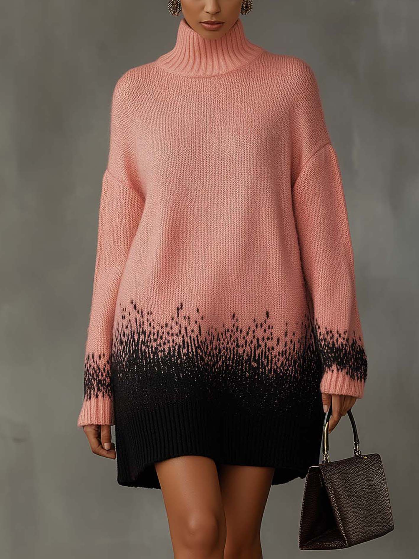 Pink Turtleneck Knitted Mini Dress With Black Gradient