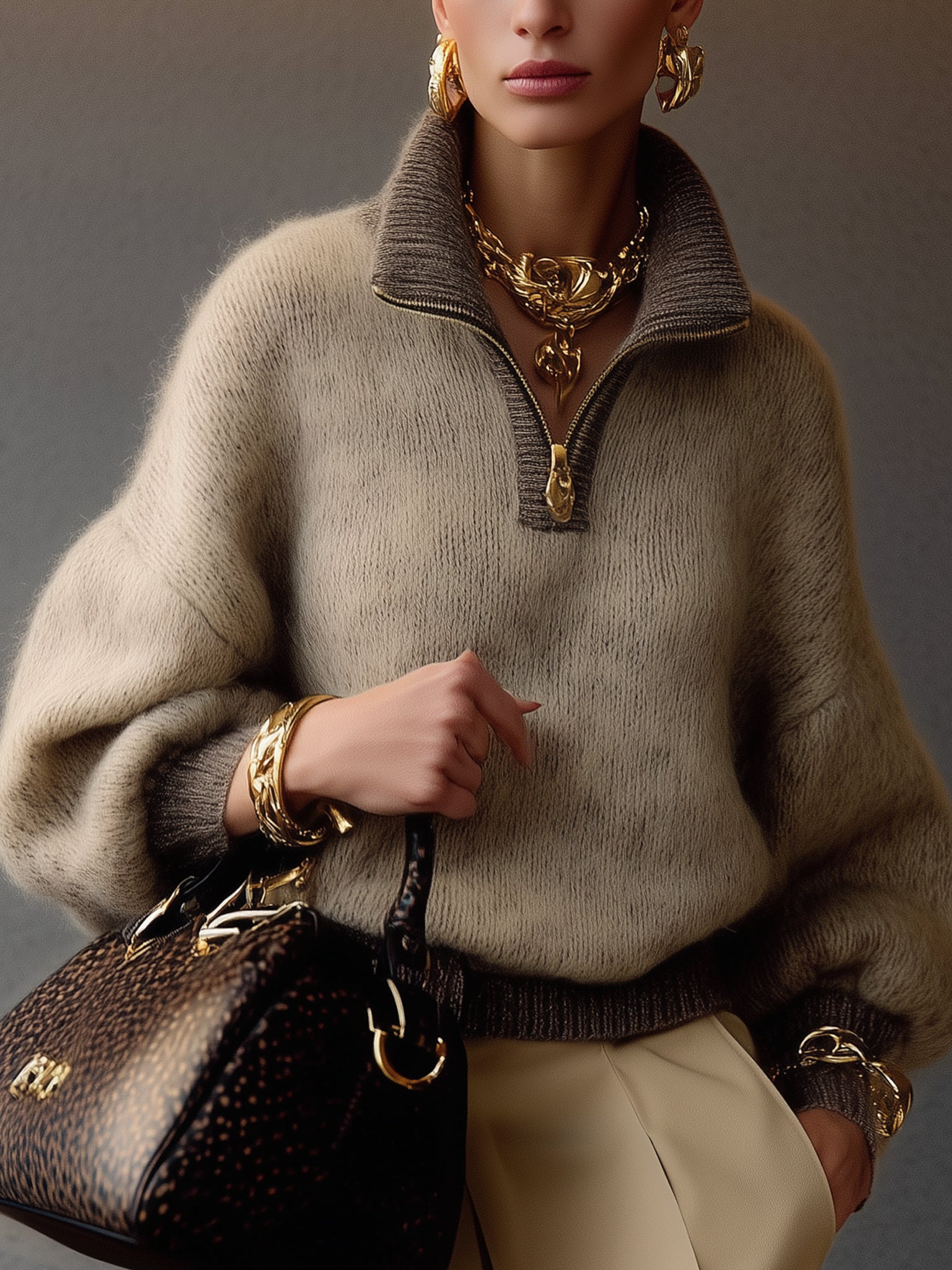 Ombre Taupe Mohair Half Zip Pullover Sweater