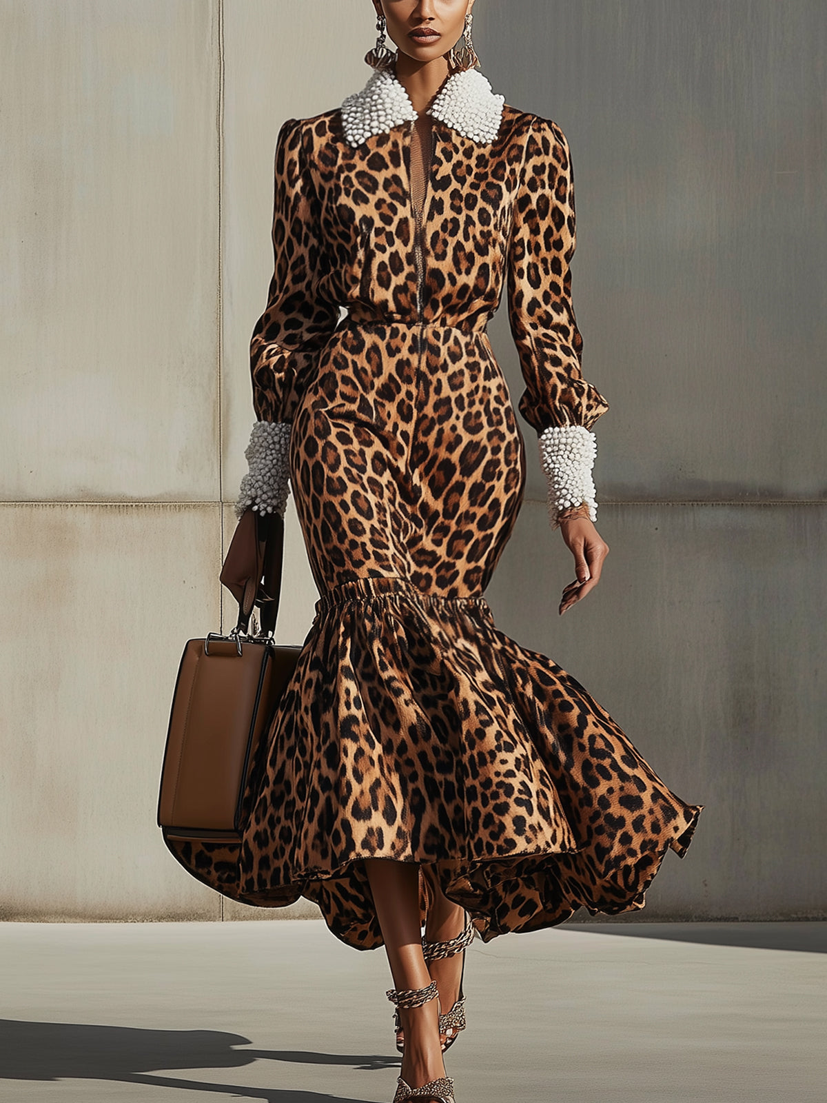 Brown Leopard Suede Bodycon Dress With Grained Fleece Cuffs And Neckline