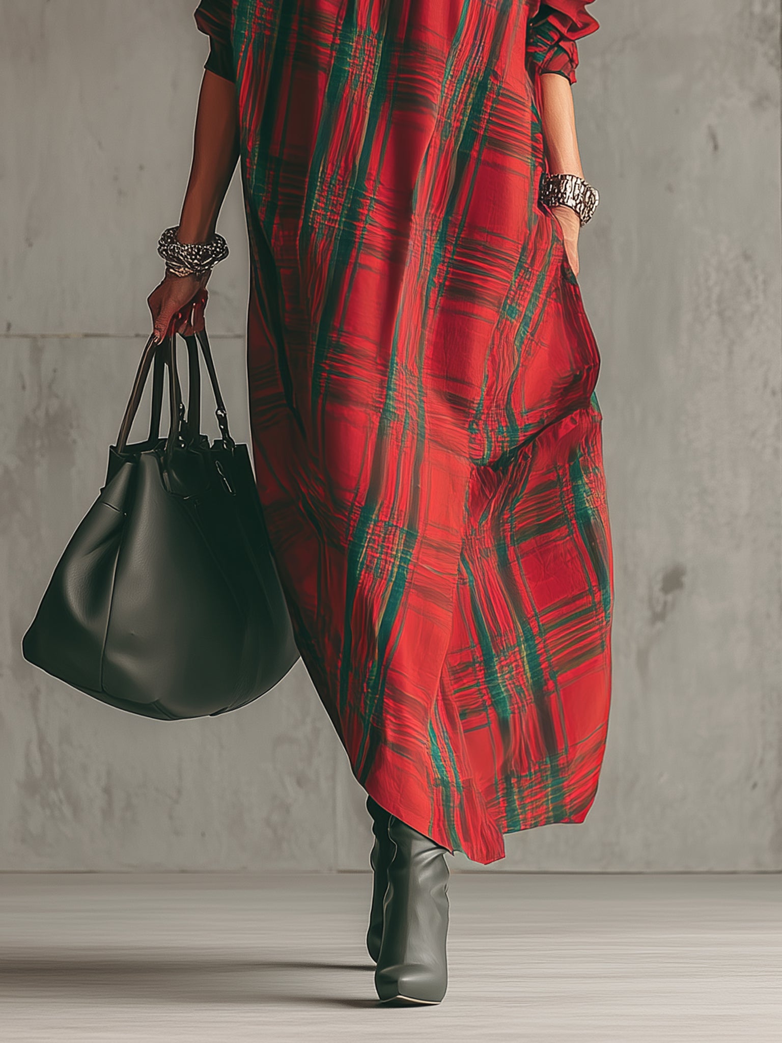 Red Plaid Cotton Half Sleeve Maxi Dress