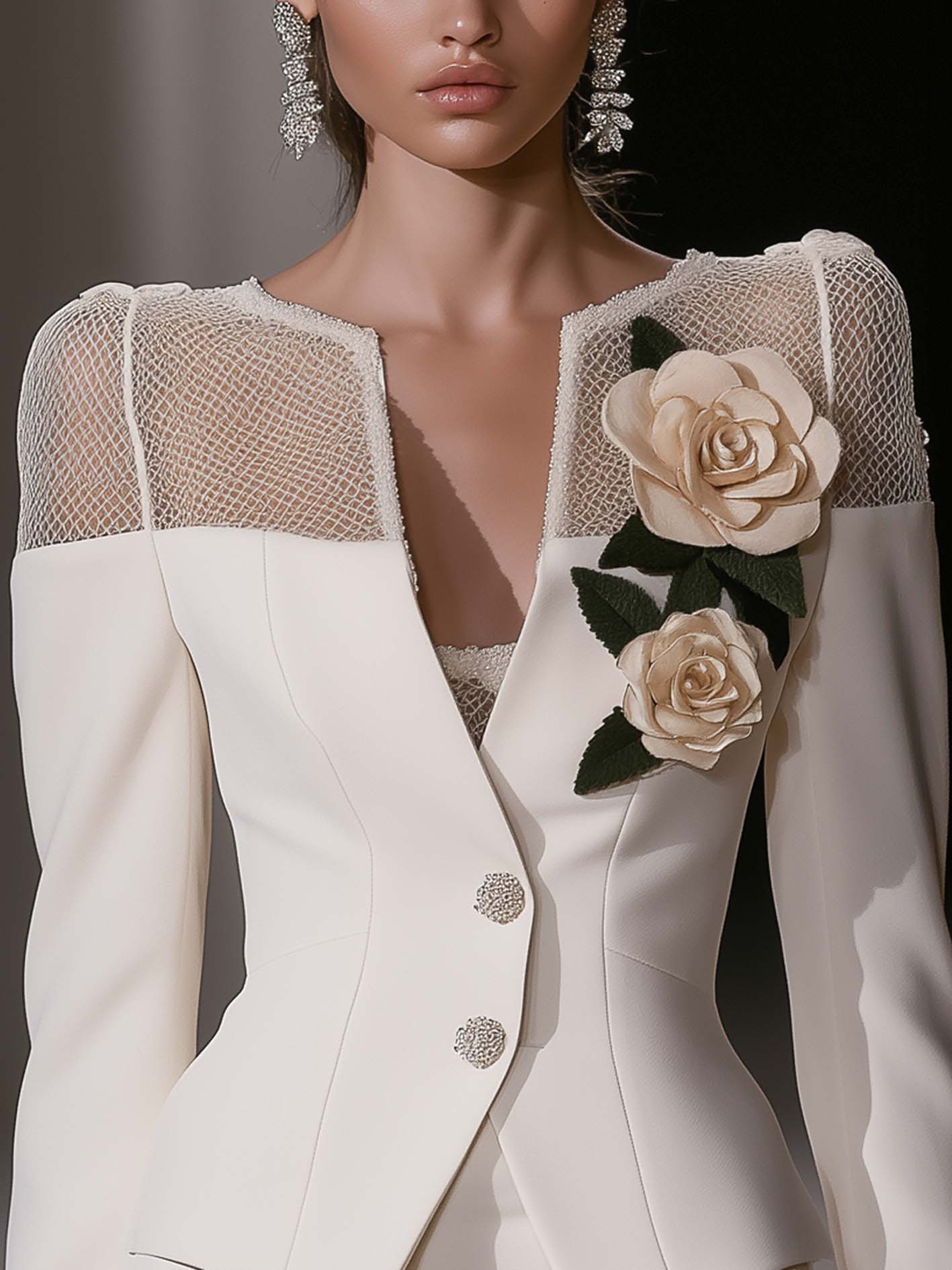 Office Lady White Blazer With Spliced mesh And 3D Flowers