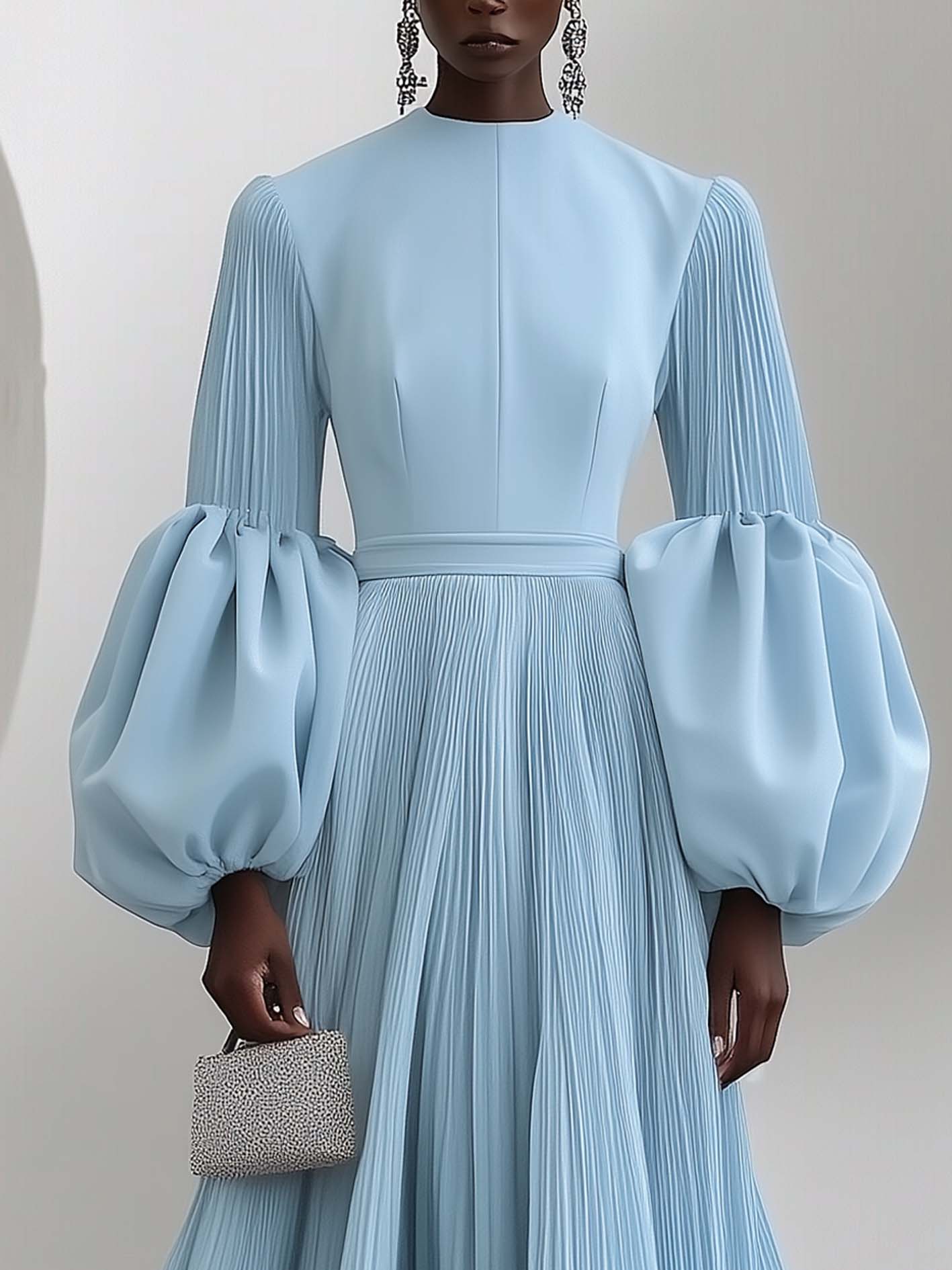 Blue Maxi Dress With Balloon Sleeves And Pleats