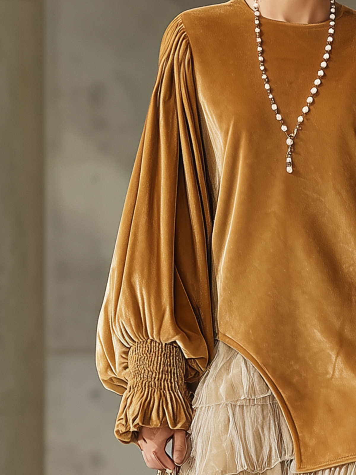 Golden Velvet Puff Sleeve Layered Tulle Mini Dress