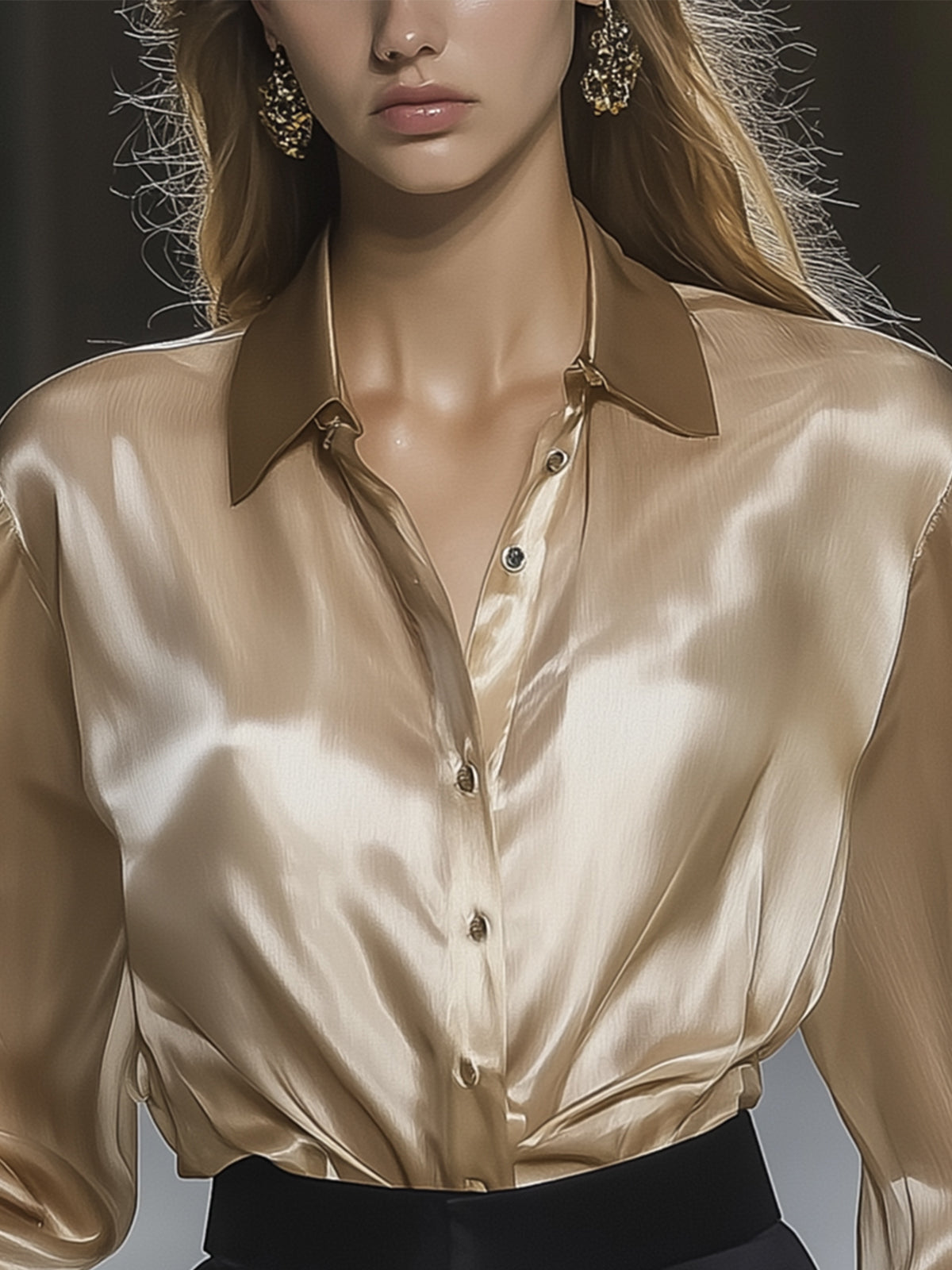Champagne Satin Blouse With Volume Sleeves
