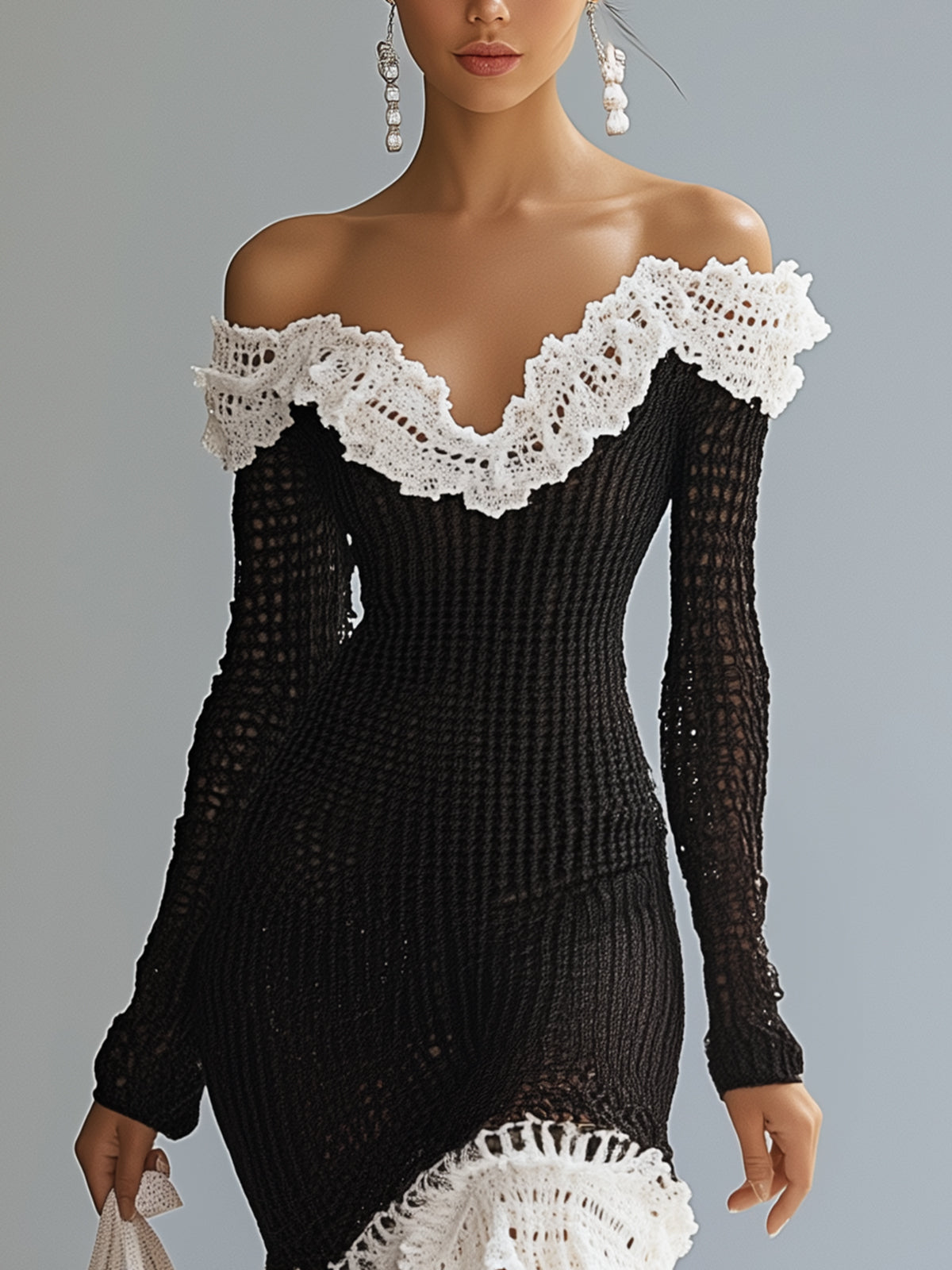 Black Knit Dress With Off-Shoulder Ruffle Trim