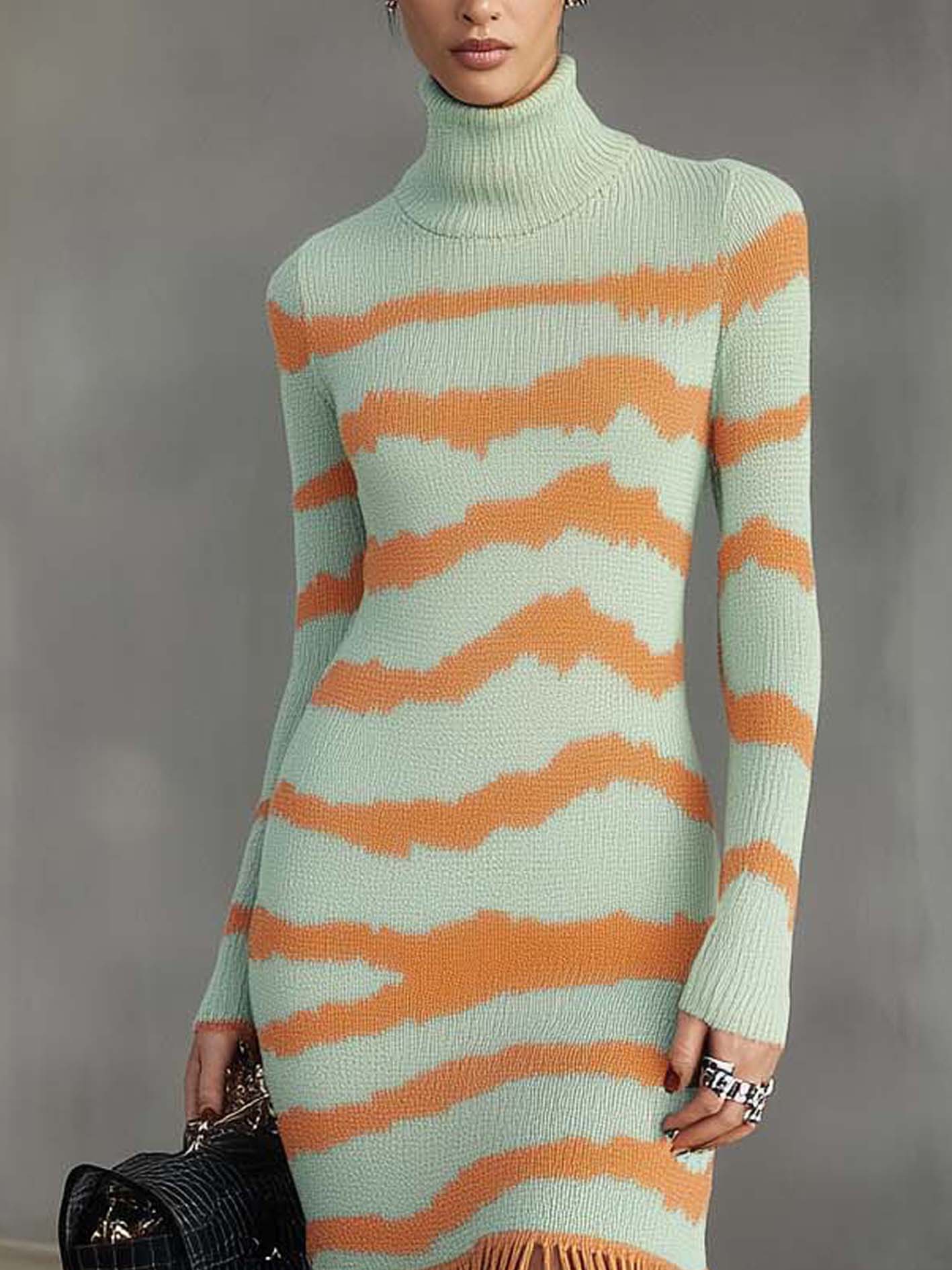 Mint Green Knitted Bodycon Dress With Orange Stylish Lines And Tassels