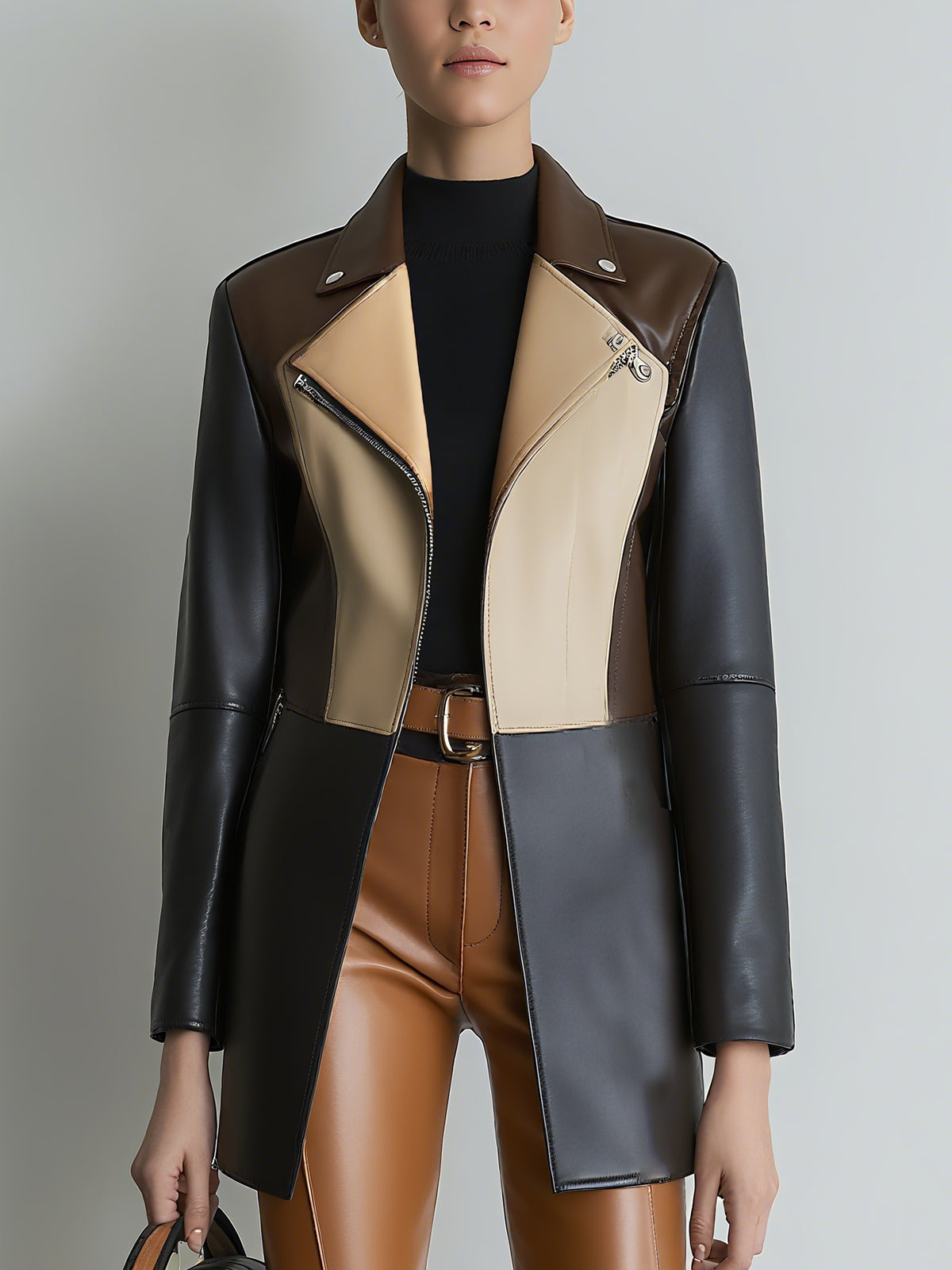 Colorblock Faux Leather Coat
