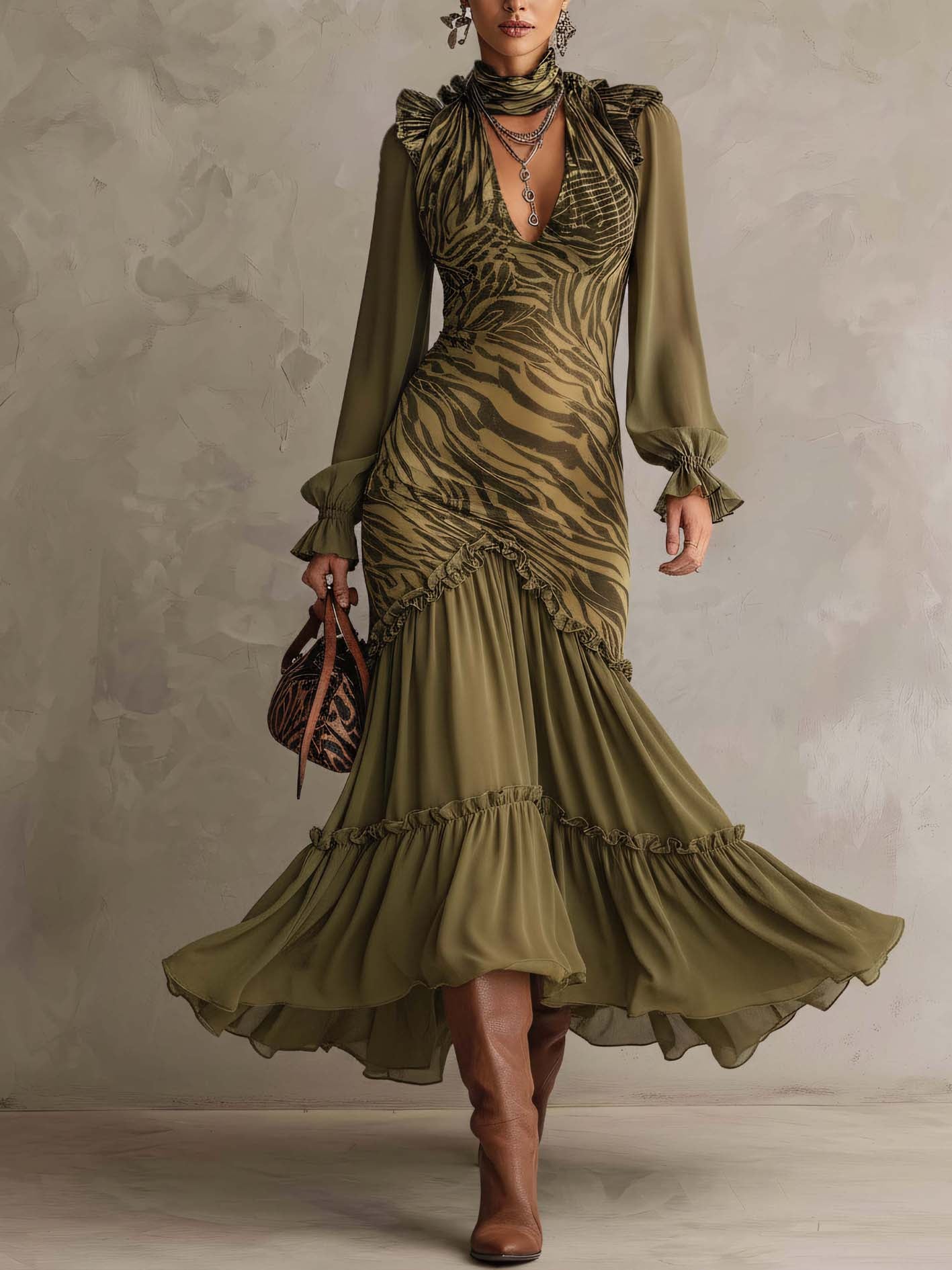 Olive Green Zebra Print Ruffle Patchwork Maxi Bodycon Dress