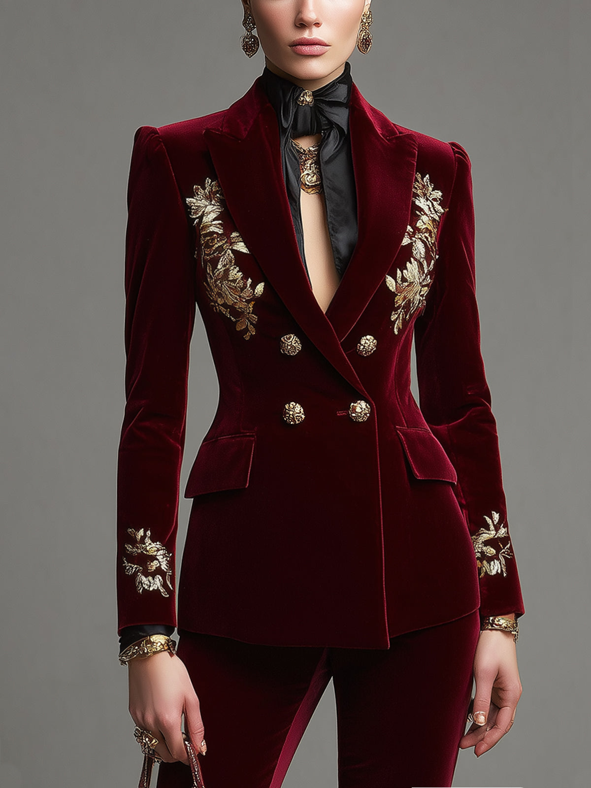Deep Red Velvet Print Double Breasted Blazer
