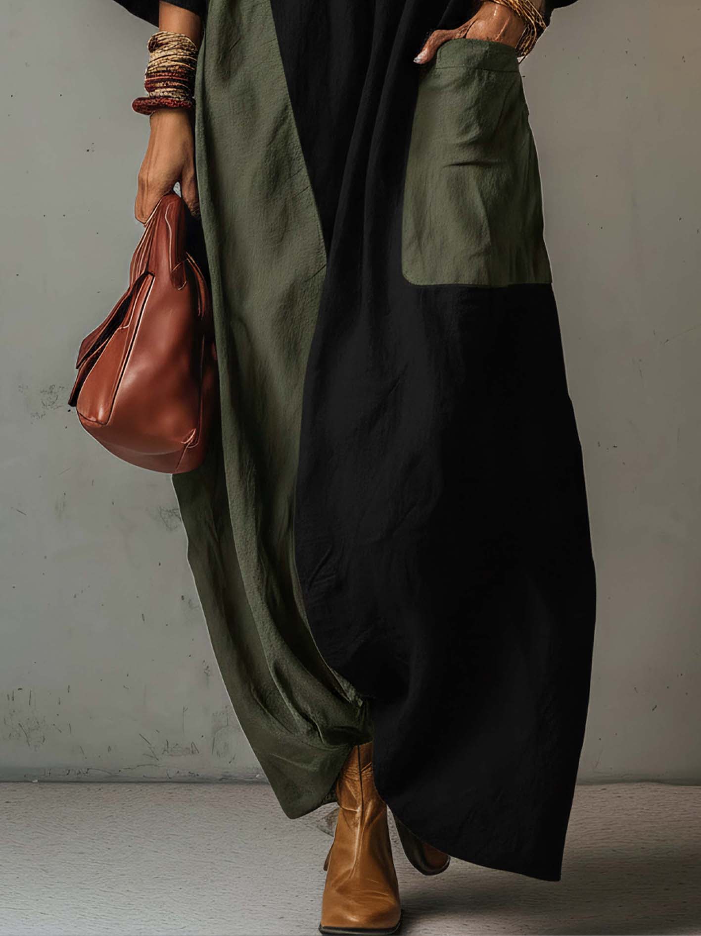 Colorblock Army Green Black Cotton Linen V-Neck Maxi Dress