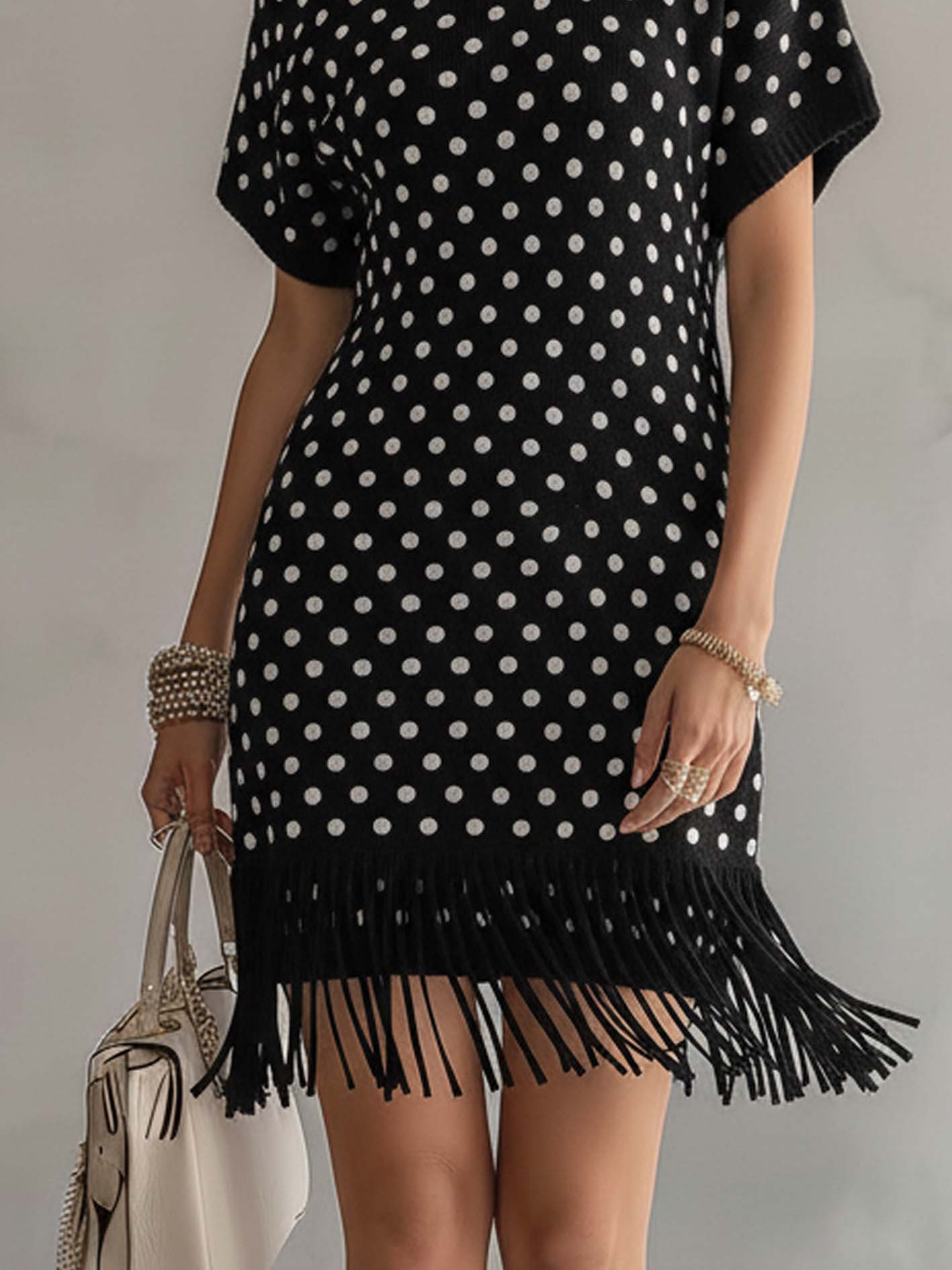 Black Polka Dot Fringe Hem Turtleneck Knit Mini Dress