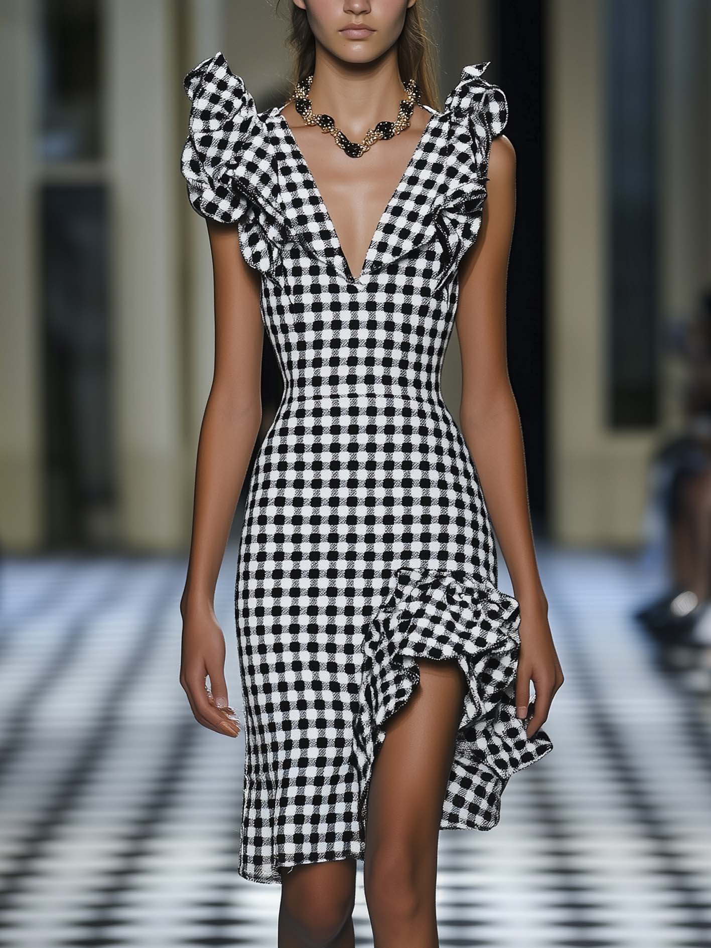 Black Midi Dress With Ruffles And Plaid