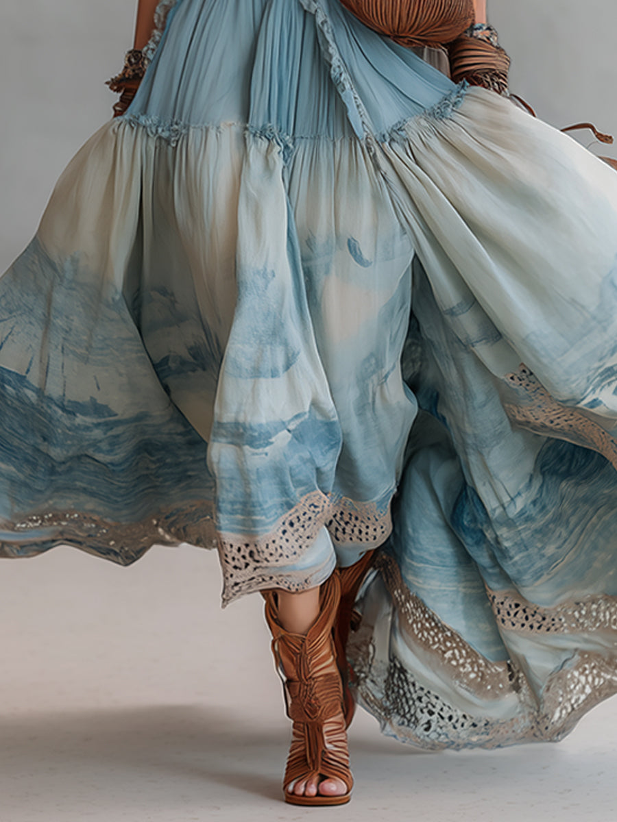 Blue Bohemian Deep V-Neck Printed Maxi Dress With Lace Hem