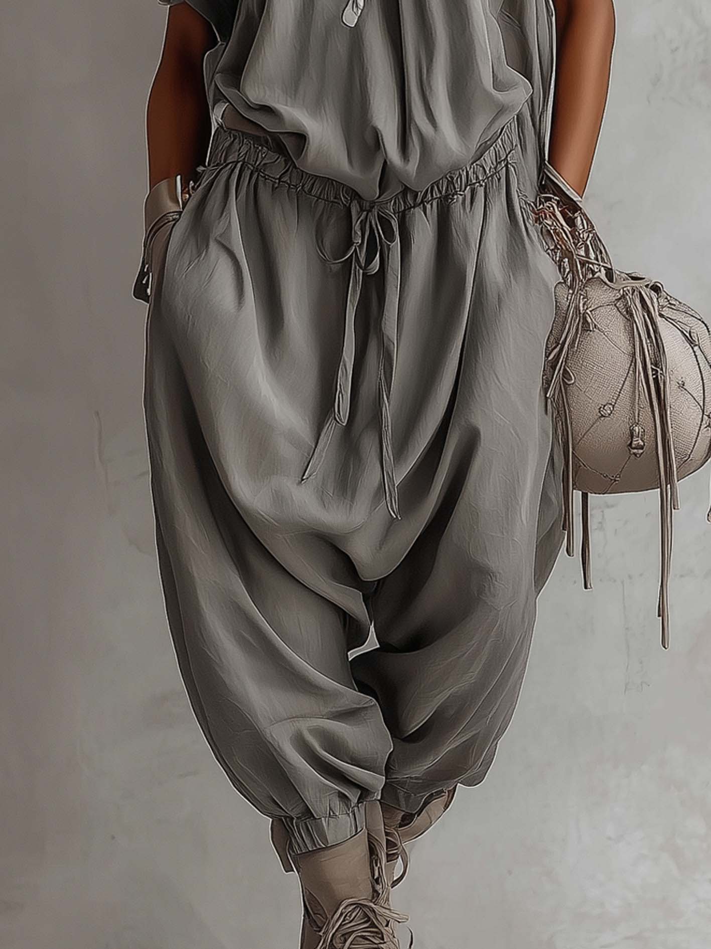 Gray Cotton Linen Embroidered Neck Short Sleeve Jumpsuit