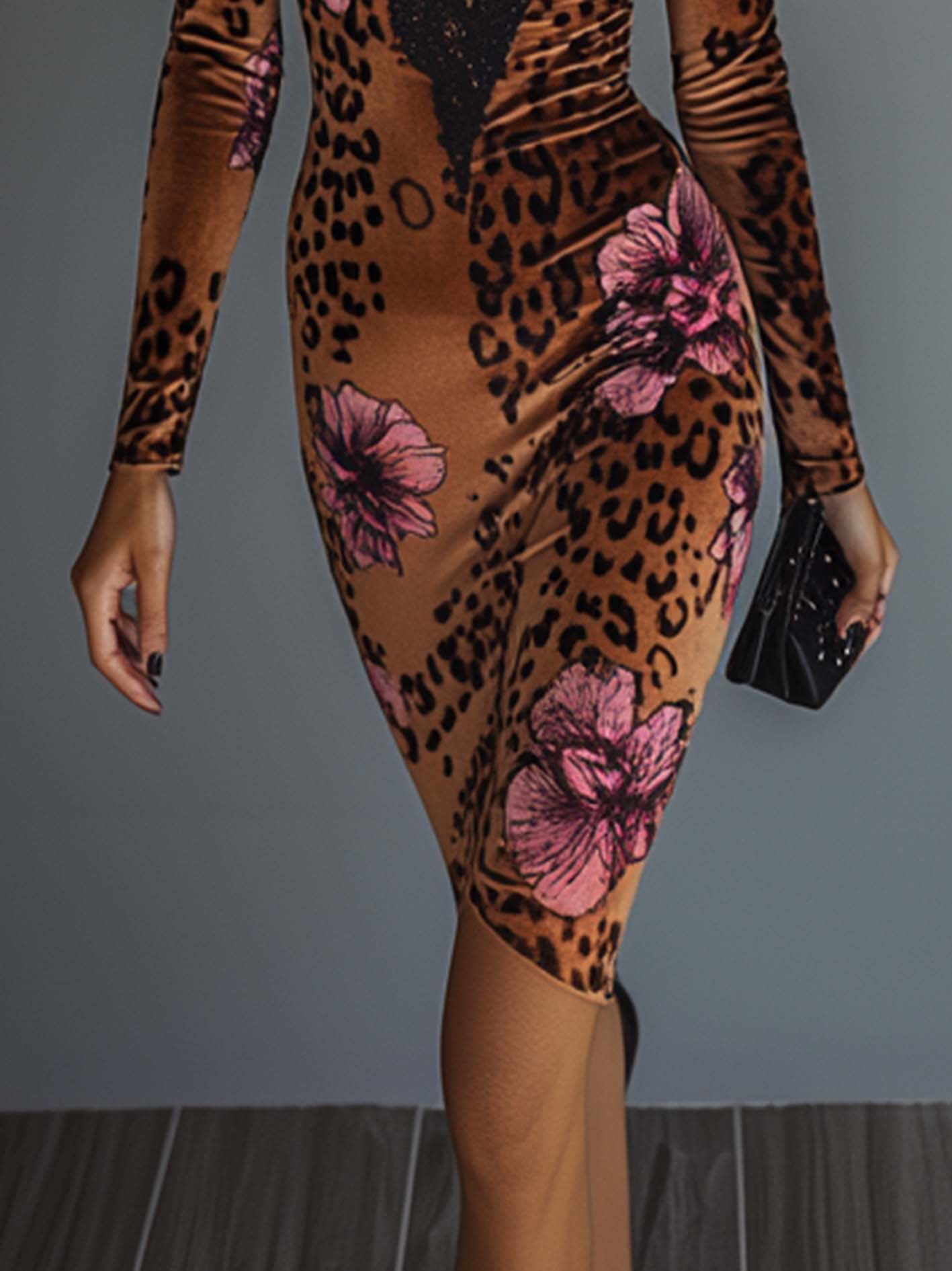 Brown Velvet Bodycon Dress With Leopard And Floral Prints And Black Lace Trim