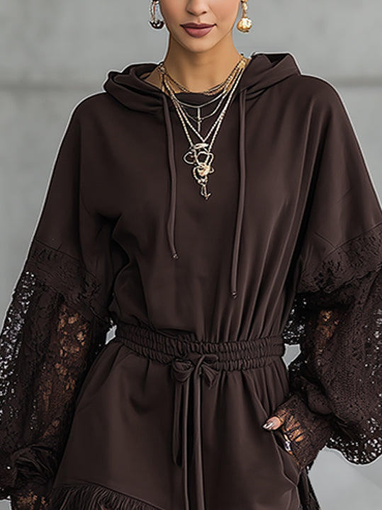 Brown Lace-Sleeve Hoodie Mini Dress With Fringe Hem