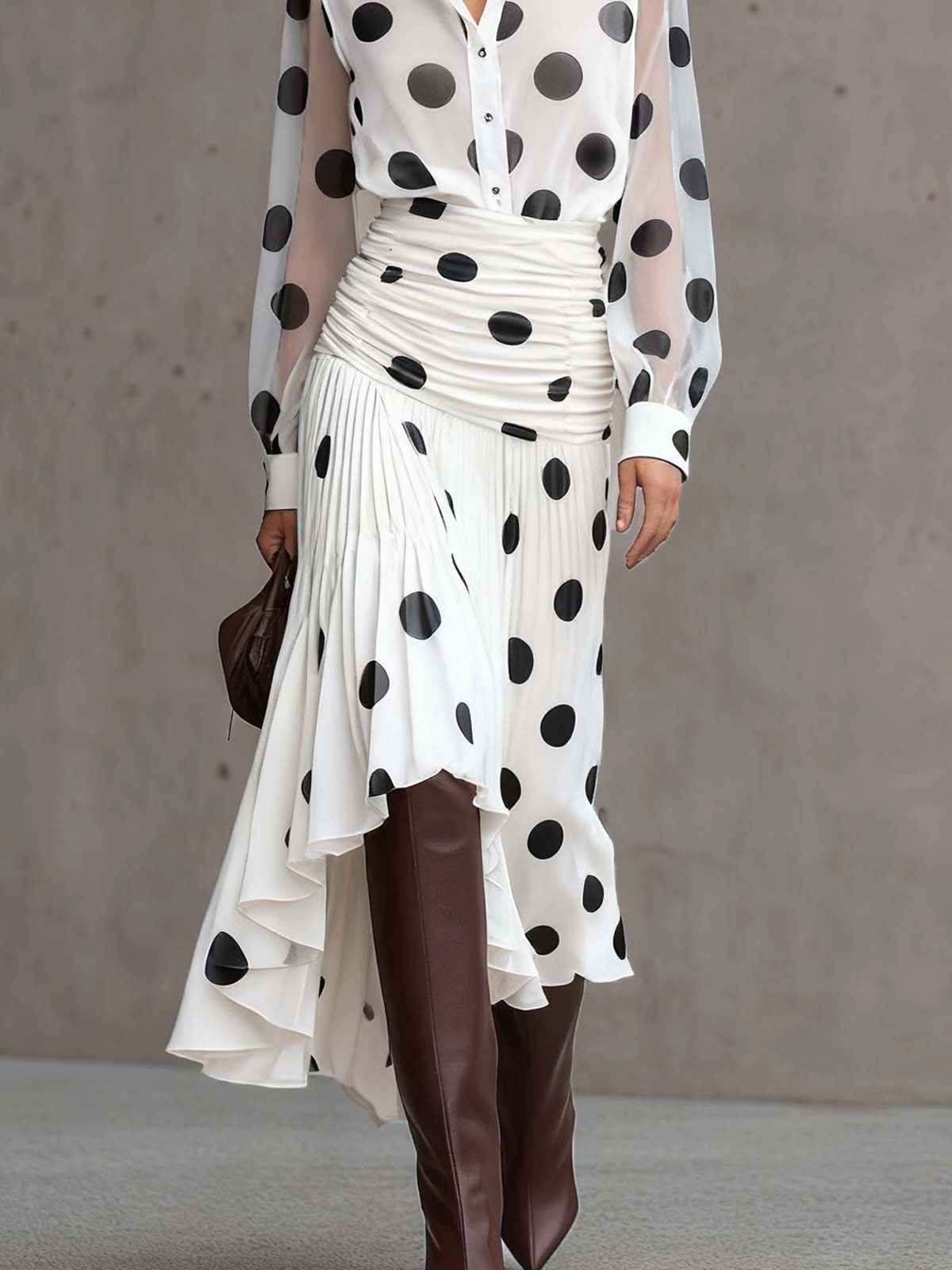 White Satin Polka Dot Pleated Sheer Sleeve Dress Set
