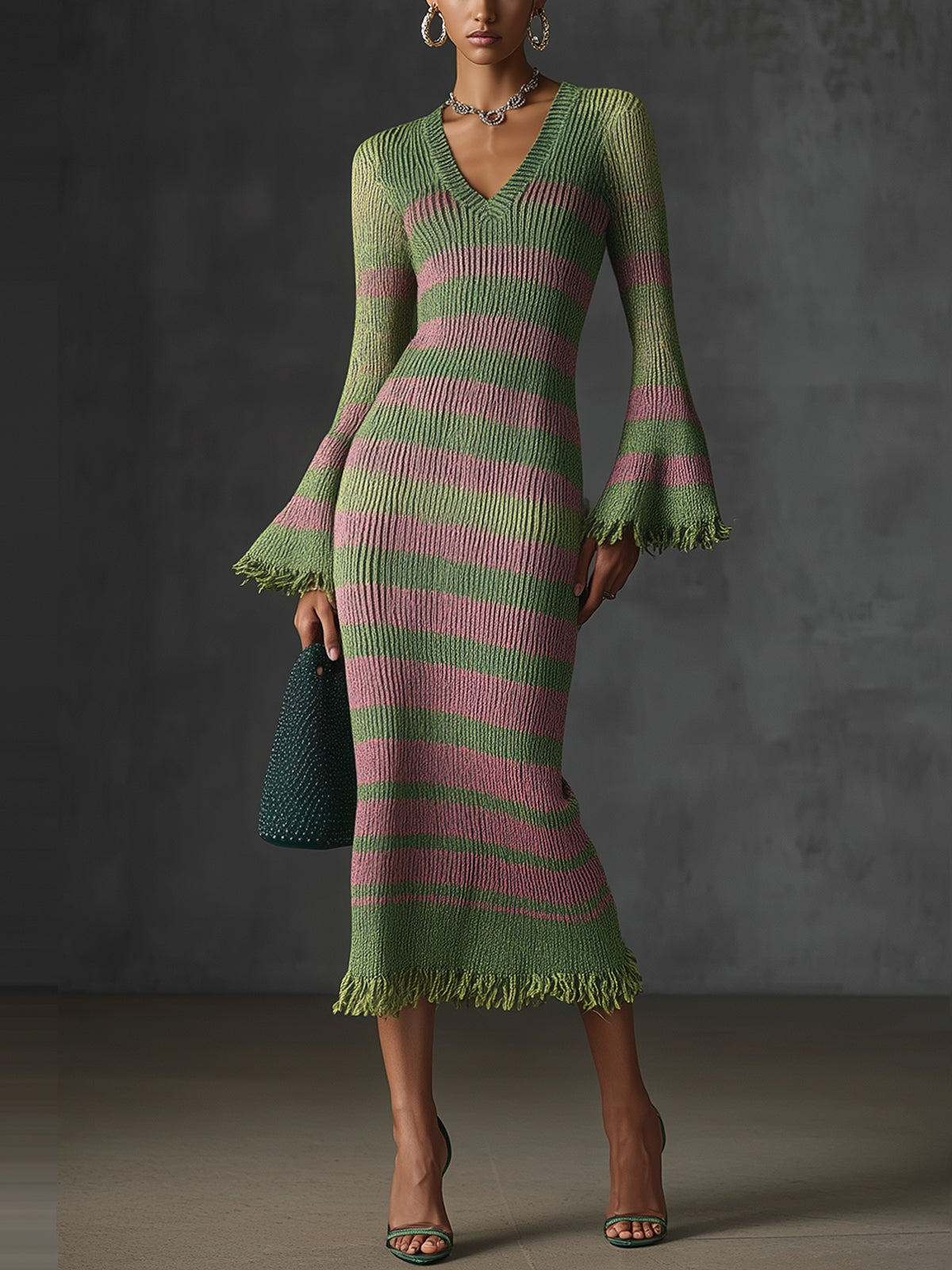 Olive Green And Light Pink Striped Knit V-Neck Midi Dress