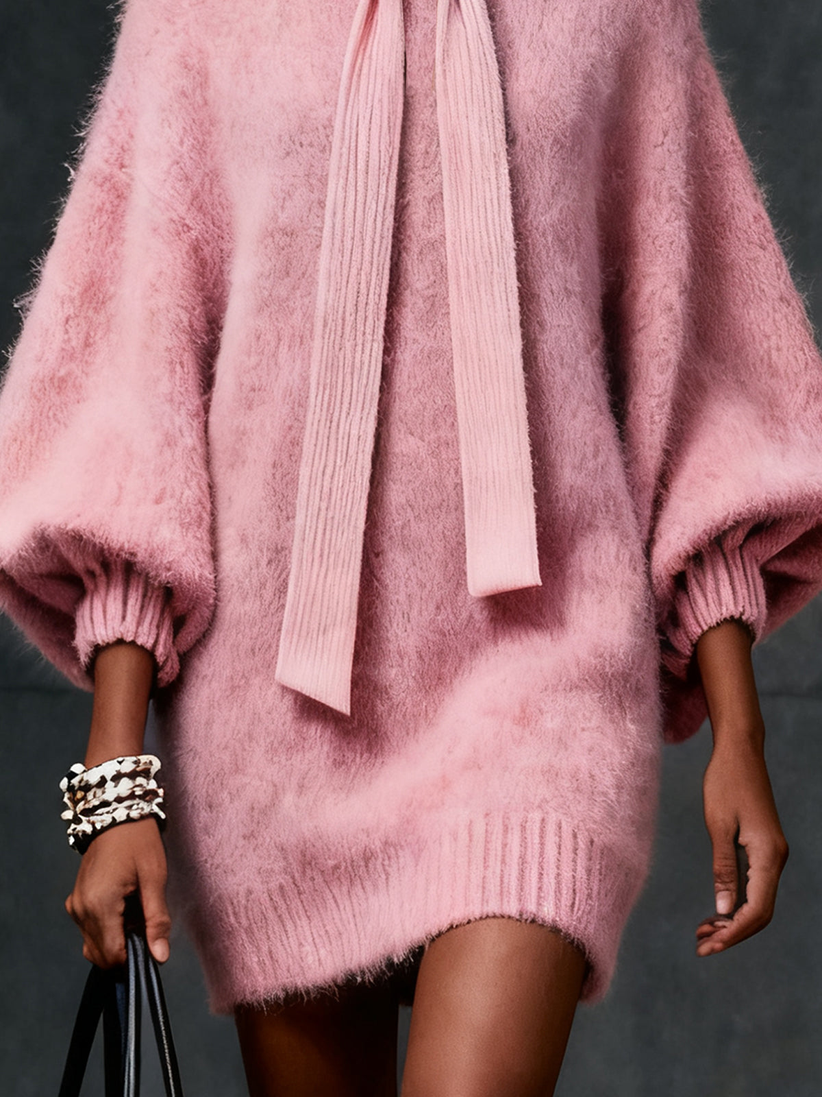 Blush Elegance Bow-Detail Mohair Sweater Dress