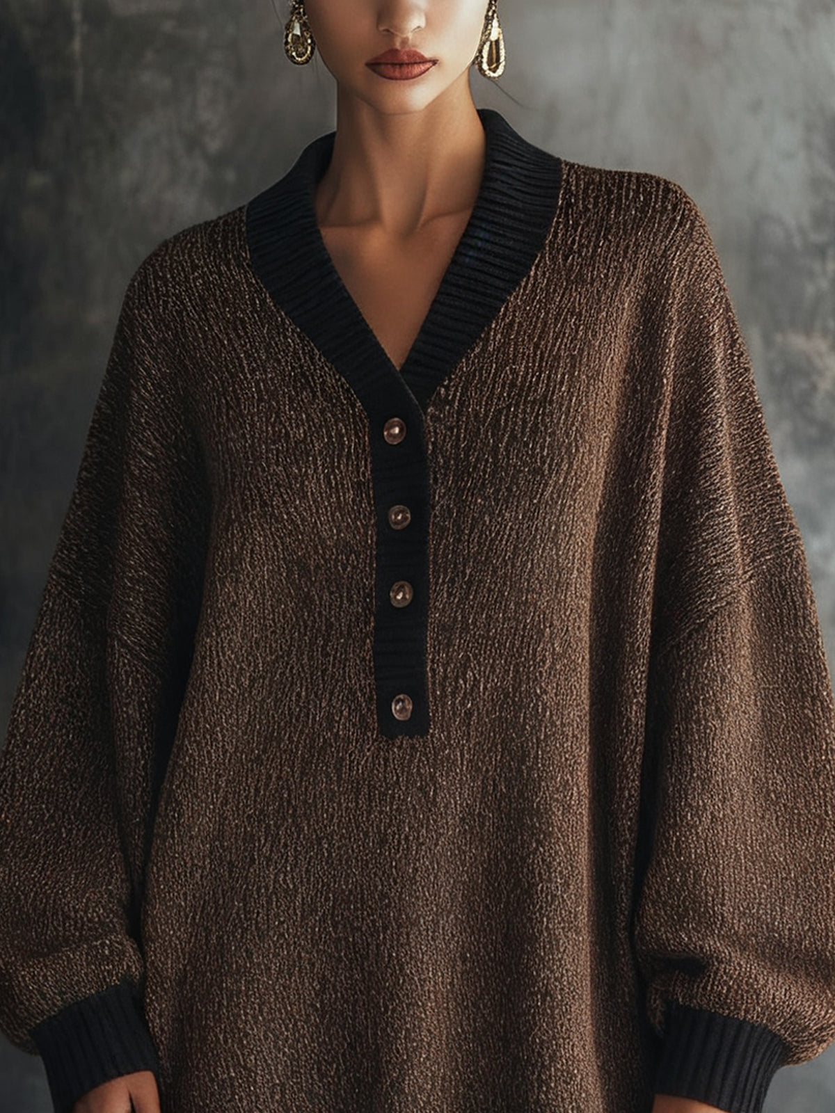 Brown Knit Button-Front Sweater Dress