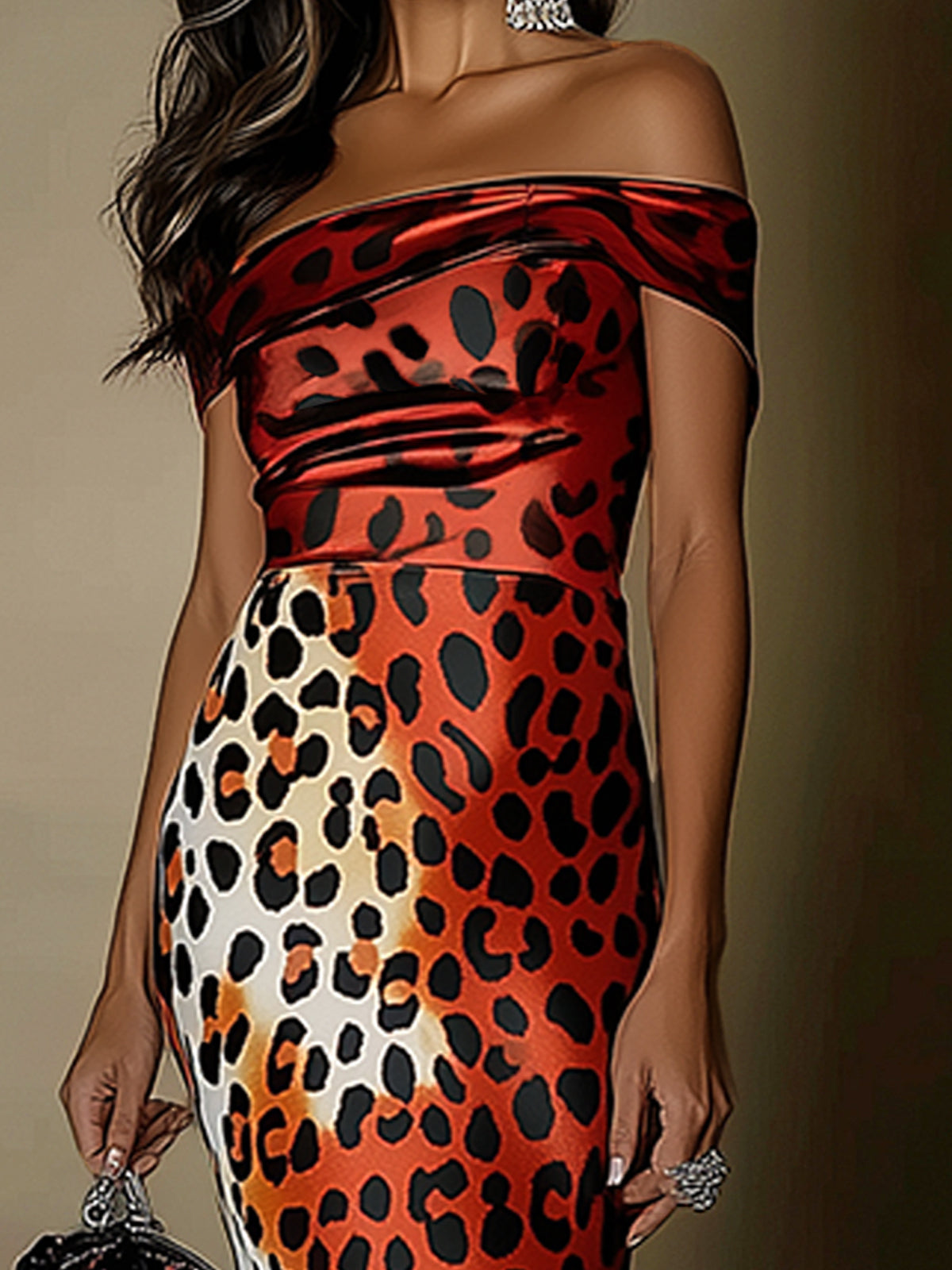 Off Shoulder Leopard Print Satin Bodycon Maxi Dress