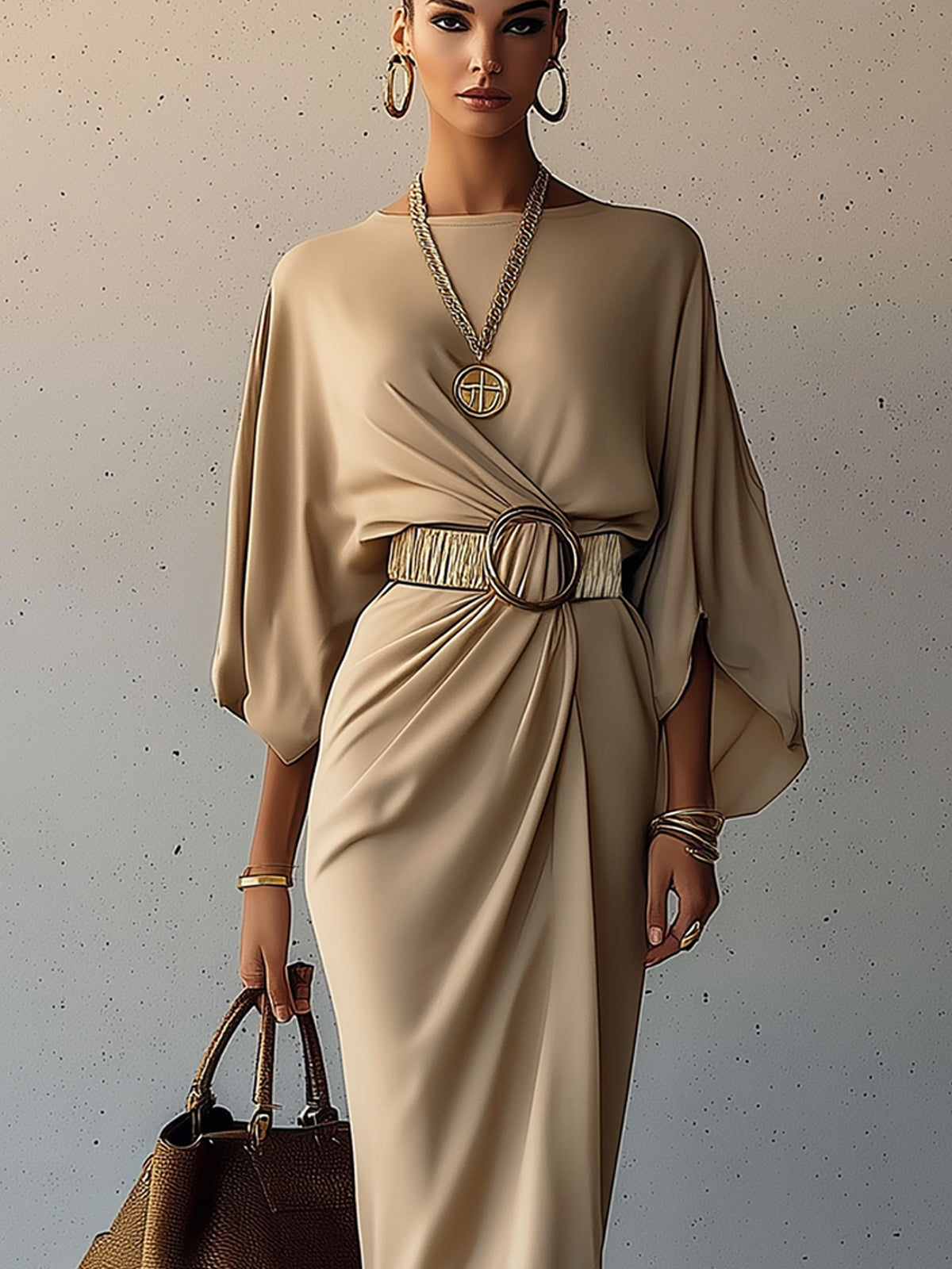 Sand Drape Belted Batwing Midi Dress